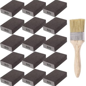 Wokape Kit de 16 esponjas de lijado grueso de grano 80 con cepillo, bloque de lijado de espuma blanca para pulir muebles de plástico de madera y Wokape Kit de 16 esponjas de lijado grueso de grano 80 con cepillo, bloque de lijado de espuma blanca para pulir muebles de plástico de madera y