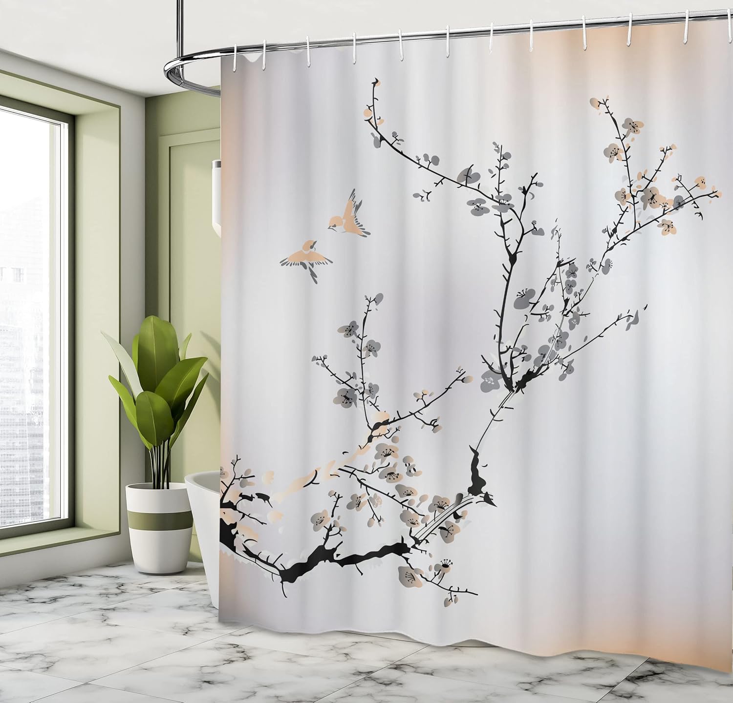 Ambesonne Cortina de ducha natural, flores pájaros con diseño de cerezo asiático, juego de tela con ganchos para decoración de baño, artículos