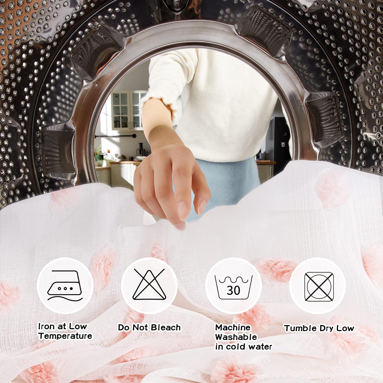 MYSKY HOME Cortinas pequeñas para ventana de baño o cocina, 45 pulgadas de largo, cortinas traslúcidas con pompones rosas y bolsillo para cortinero,