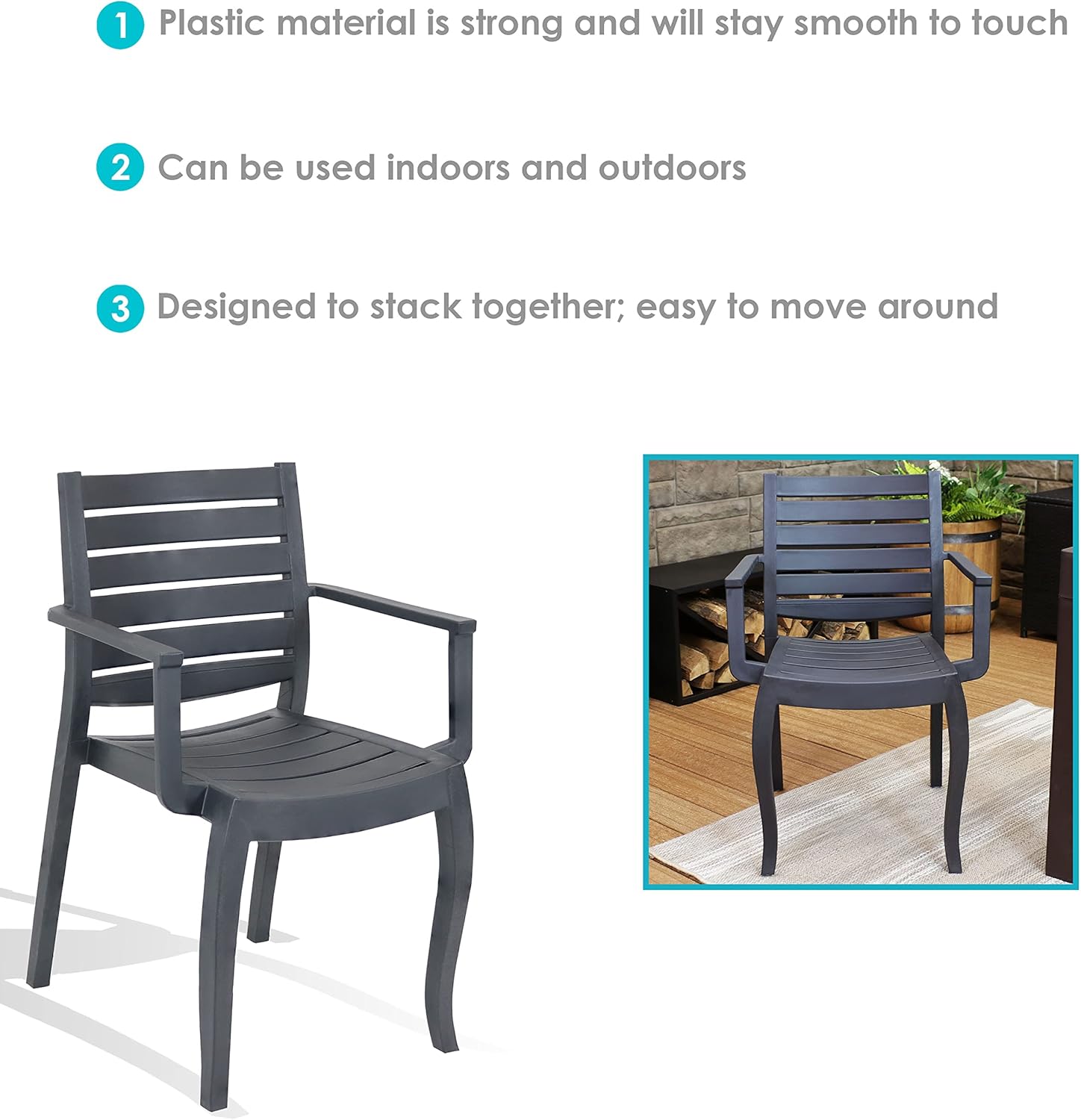 Sunnydaze Illias – Silla de plástico para patio al aire libre, juego de 2, asientos apilables, color gris