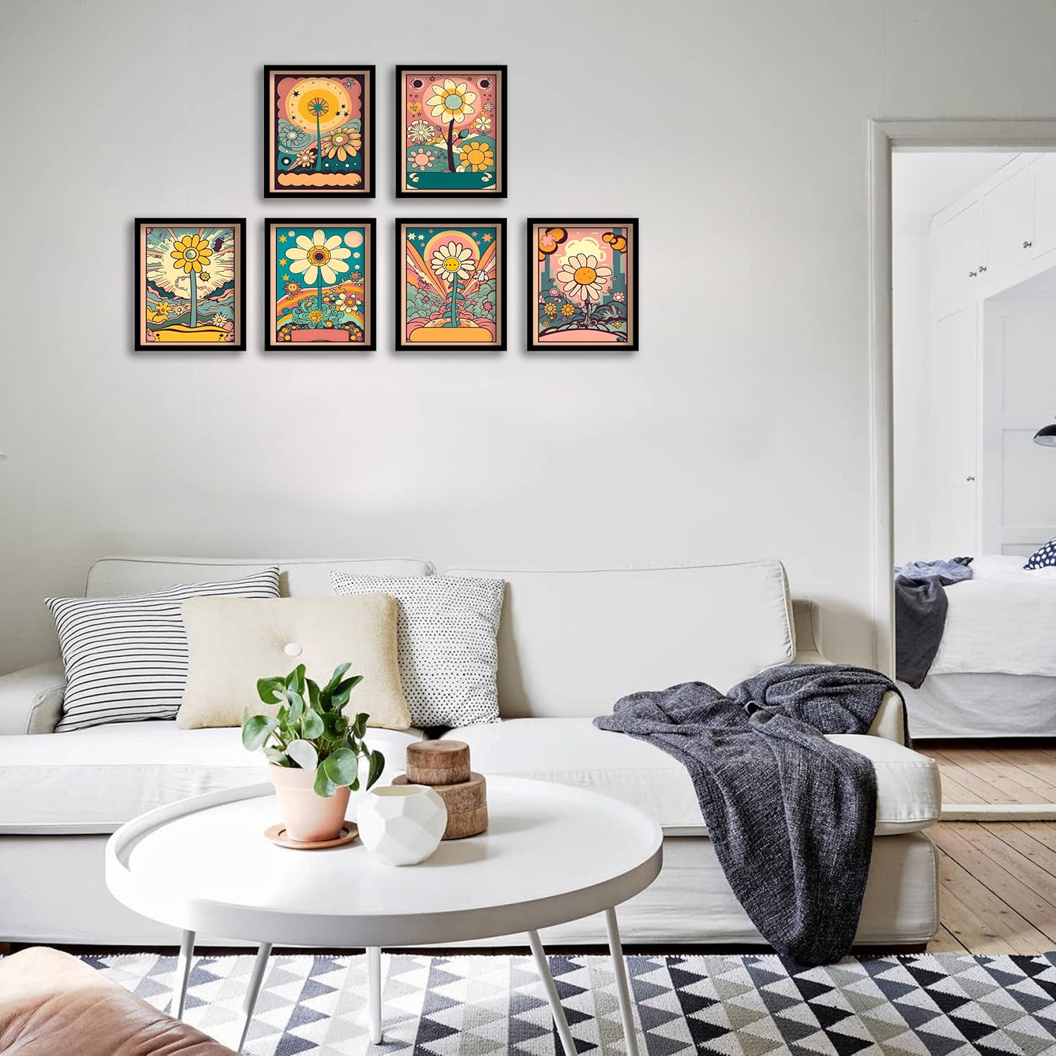 Juego de 6 impresiones de arte hippie para pared, diseño retro, lienzo de flores hippie de los años 60 y 70, pósteres vintage, abstracto,