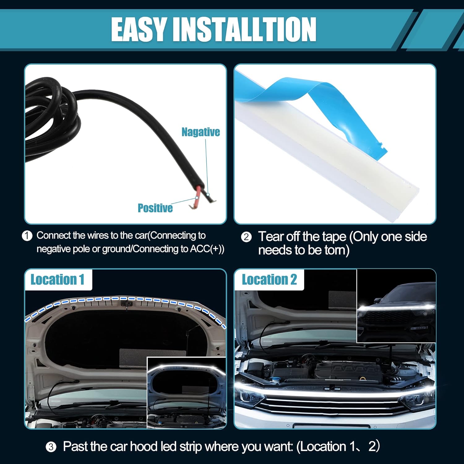X AUTOHAUX Tira de luz para capó de automóvil de 59 pulgadas, tira de luz LED blanca impermeable para Toyota Corolla RAV4 para Ford F150 F250 para