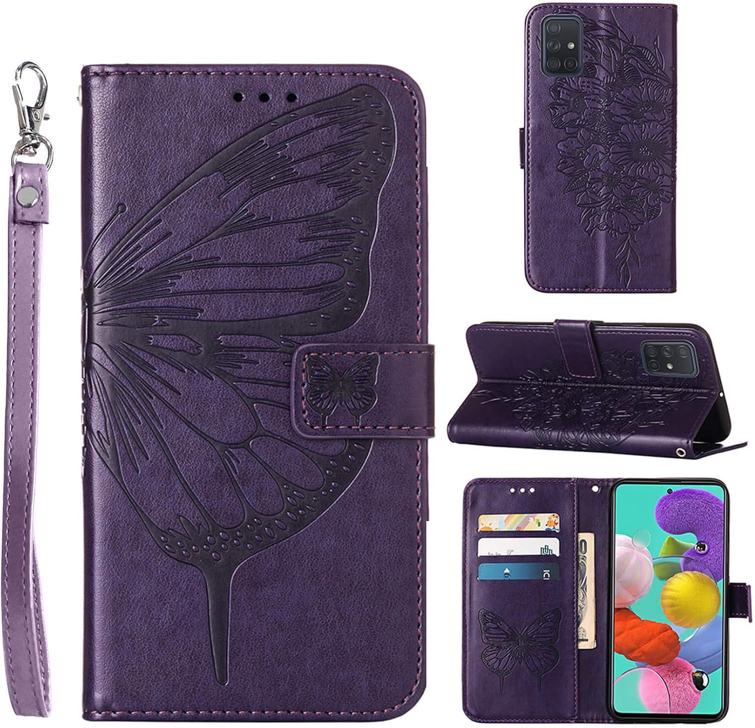 Funda A51 para Samsung A51, función atril, correa de muñeca, ranuras para tarjetero, diseño floral de mariposa en relieve, funda protectora de piel
