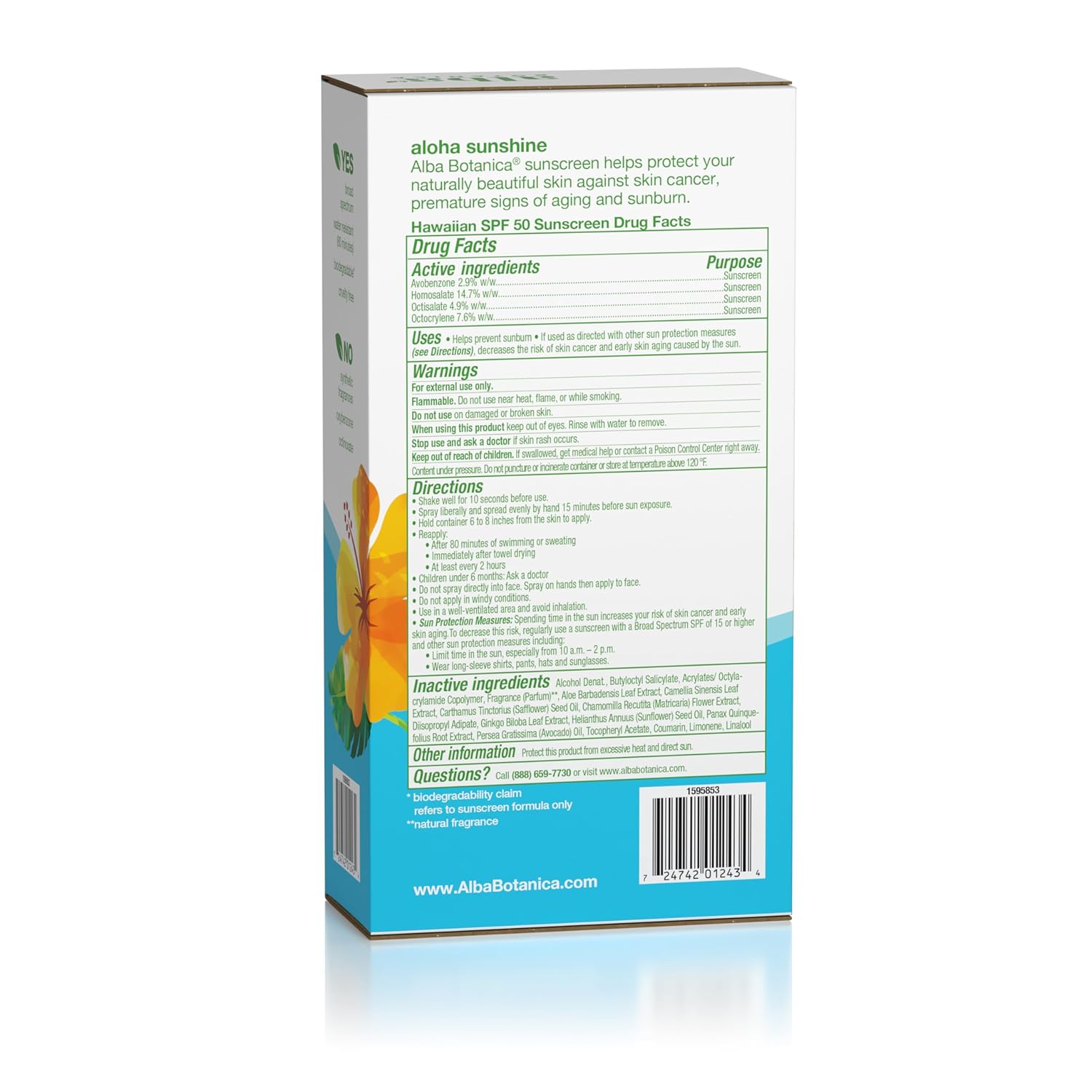Alba Botanica Protector solar de coco hawaiano, protector solar SPF 50 de amplio espectro, resistente al agua y biodegradable, botella de 8 onzas