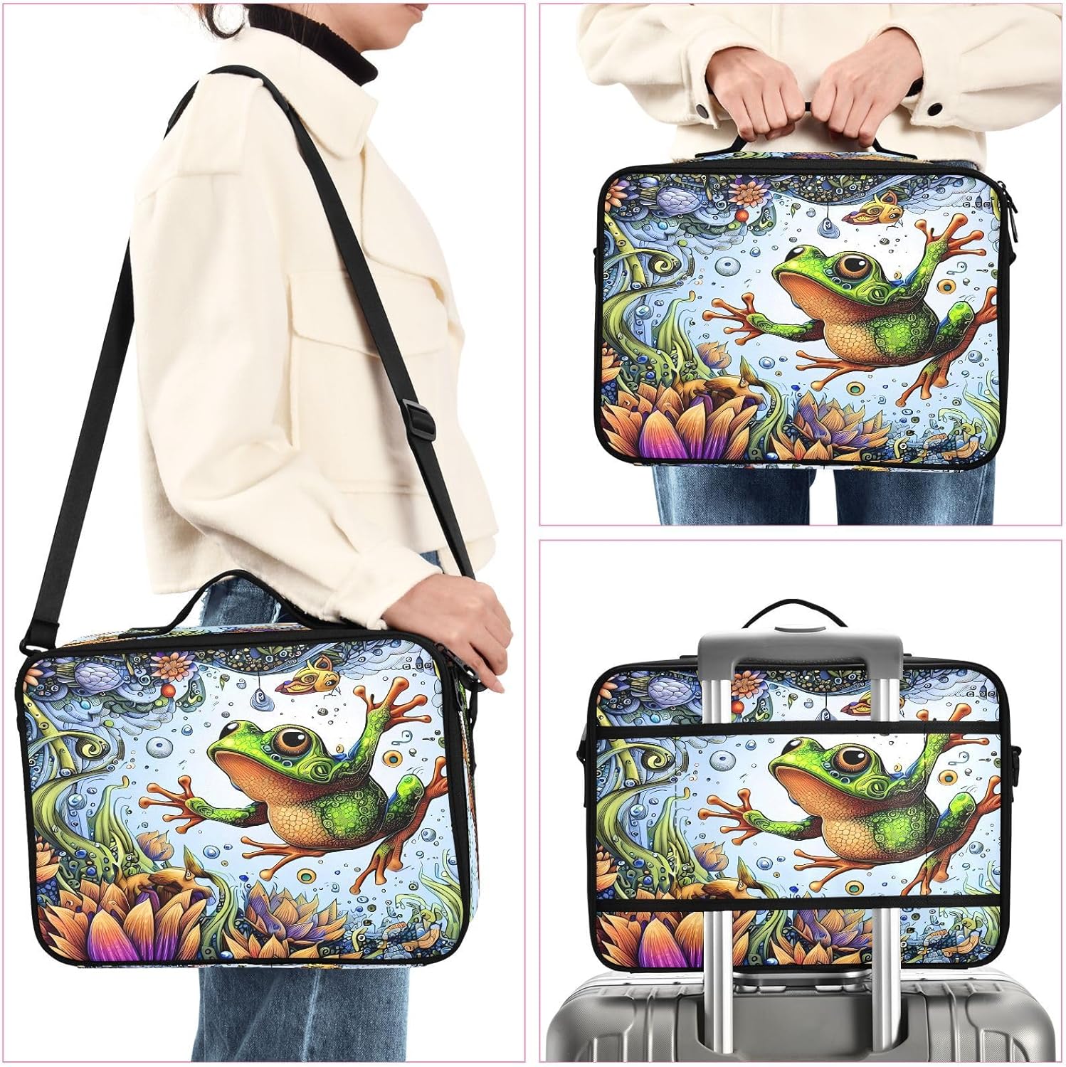 Fantasy Green Frog Butterfly and Flower makeup bag travel cosmetic toiletry bag travel make up bag women makeup bag with dividers neceser para