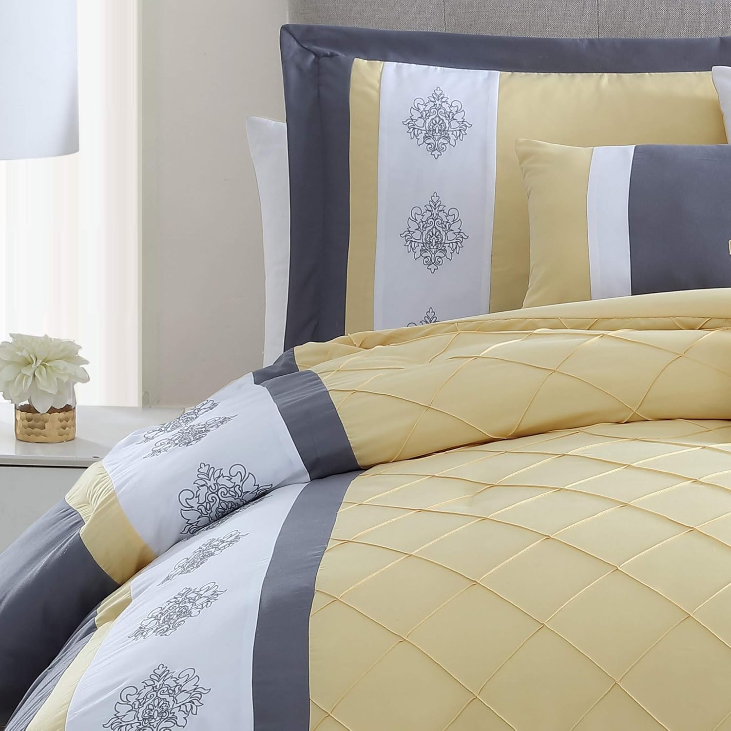 Chezmoi Collection Boston Juego de ropa de cama de 7 piezas, diseño de celosía con rayas, acolchado, costura pinsonic, plisado, Poliéster & Mezcla