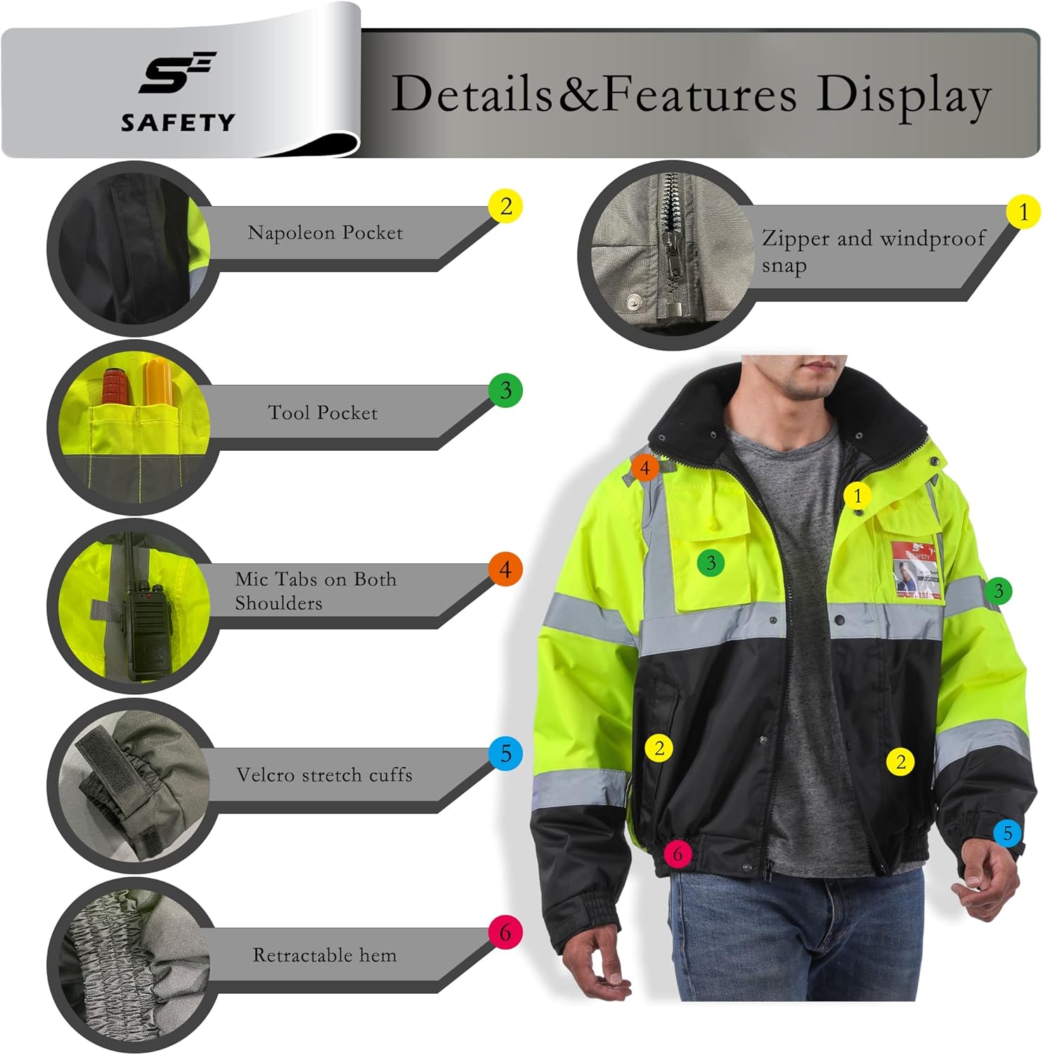 Chaqueta de alta visibilidad para hombre, impermeable, con capucha, reflectante, de alta visibilidad, para el invierno, chaquetas amarillas de