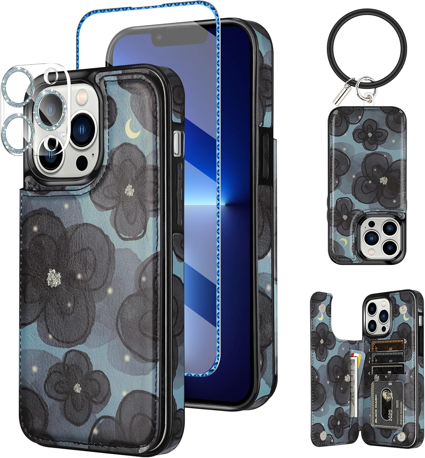 HianDier Funda tipo cartera para iPhone 13 Pro MAX con pulsera, protector de pantalla + funda para cámara, con ranura para tarjeta de crédito, funda