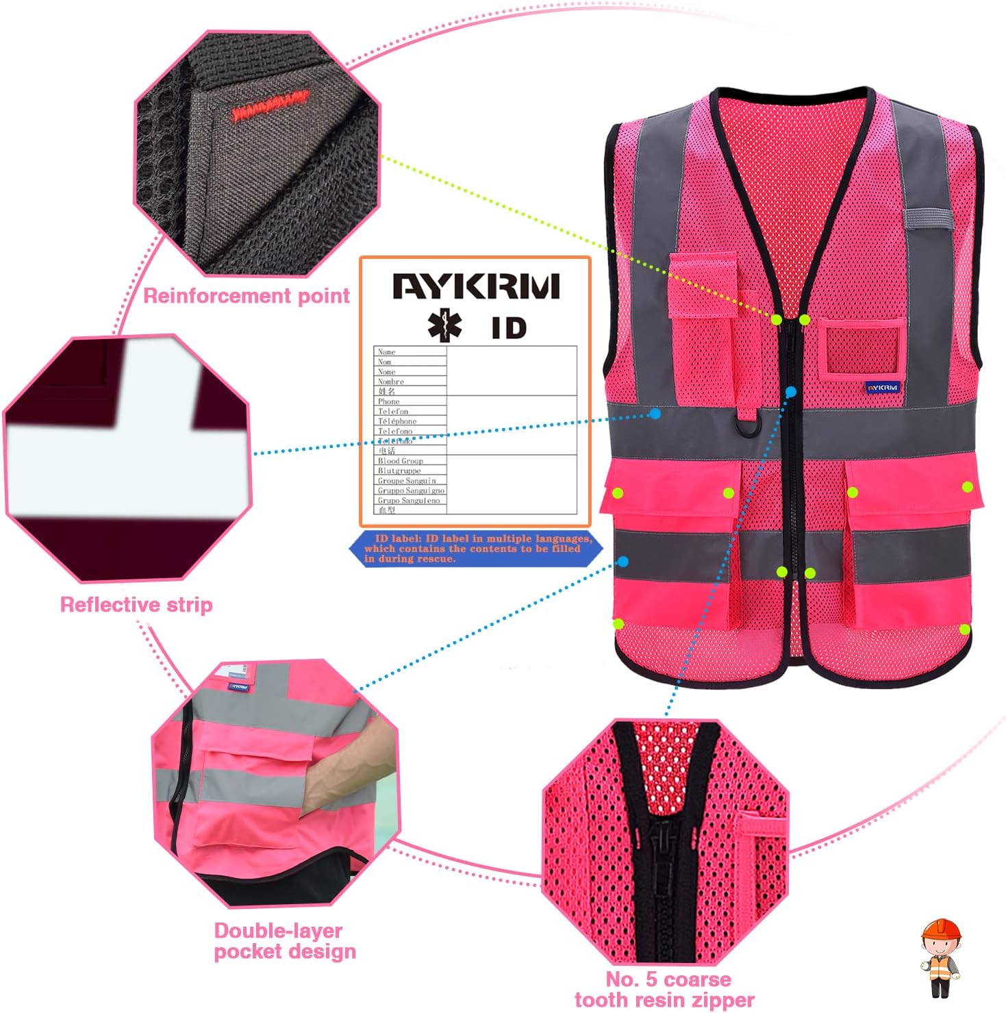 A-SAFETY Chaleco reflectante de seguridad de malla de alta visibilidad con bolsillos y cremallera, chaleco de trabajo Hi Viz para hombres y mujeres