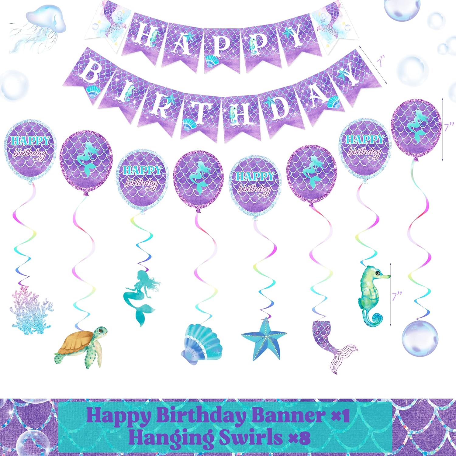 309 piezas de suministros de fiesta de cumpleaños de sirena (sirve 24), decoraciones de fiesta de cumpleaños de sirena para niñas, decoración de