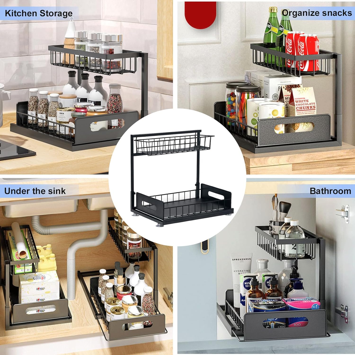 Organizadores deslizantes para debajo del fregadero de 2 niveles en forma de L, almacenamiento de espacio estrecho multiusos para cocina y baño,