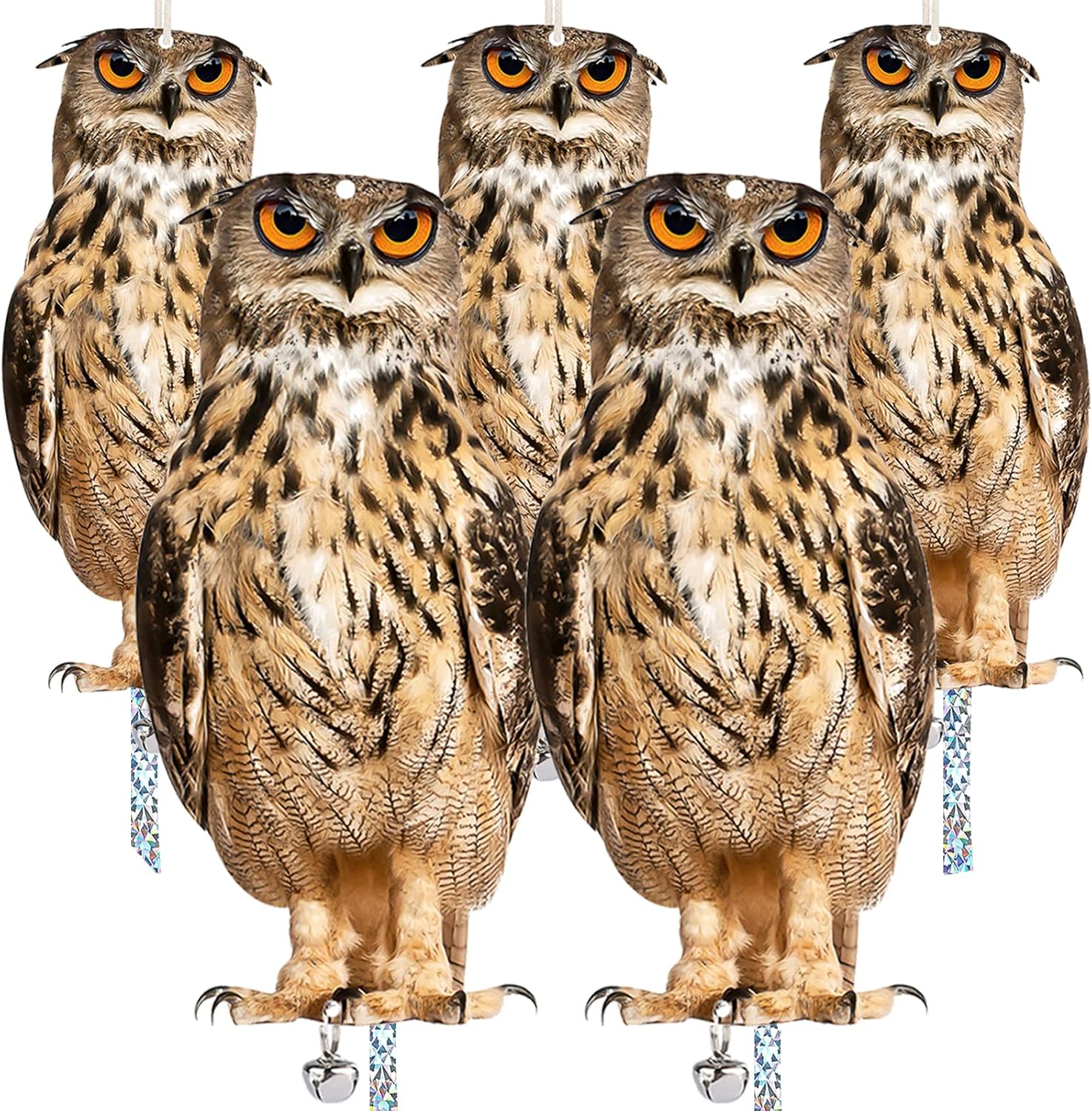 Búho para mantener alejados a los pájaros, paquete de 5 búhos falsos, búho falso reflectante, decoración de pájaro colgante reflectante, búho