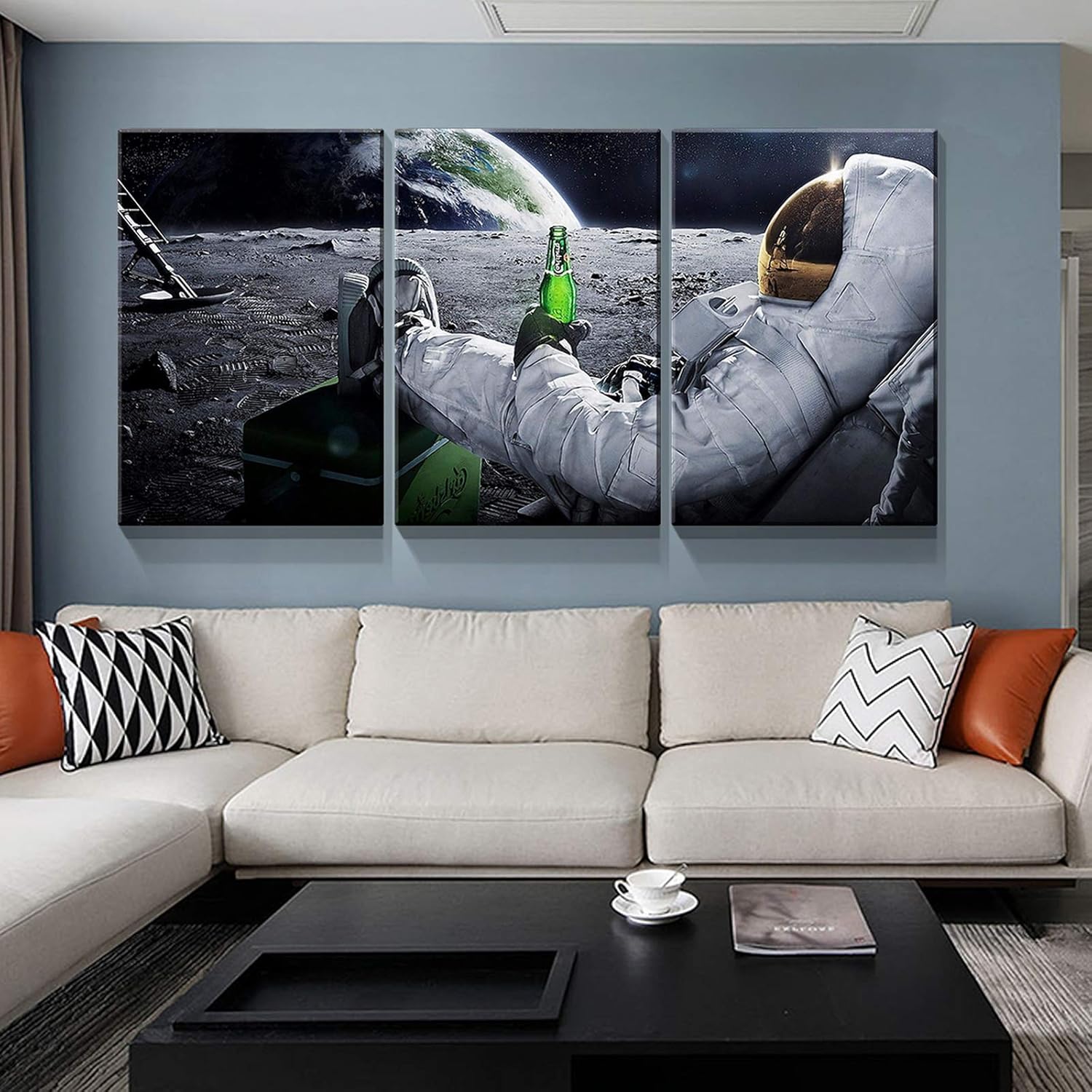Denozer – Lienzo decorativo para pared de 3 piezas – Astronauta bebe cerveza en la luna, imágenes lunares abstractas, decoración del hogar,