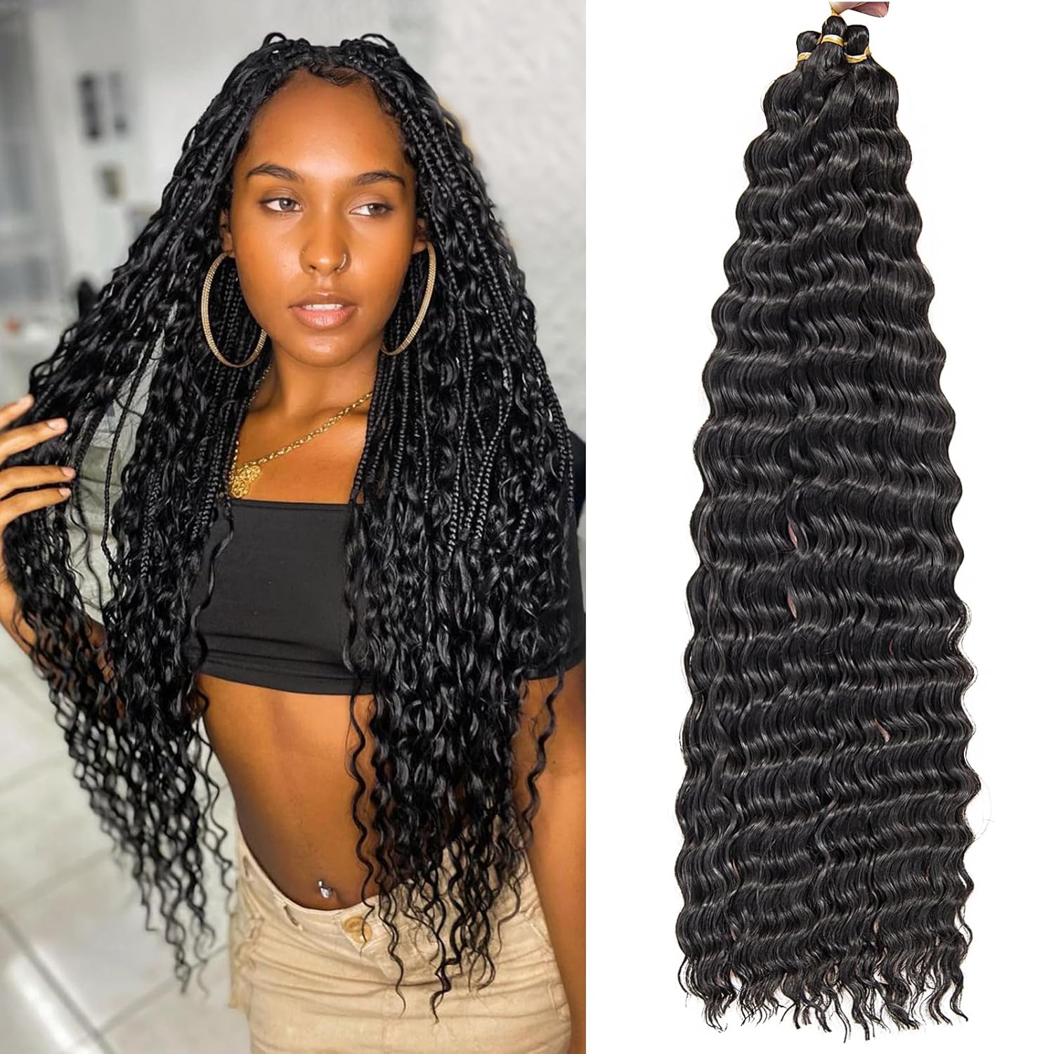 Extensiones de cabello sintético de 22 pulgadas con ondas profundas, cabello sintético rizado para mujeres negras (22 pulgadas, paquete de 1), color