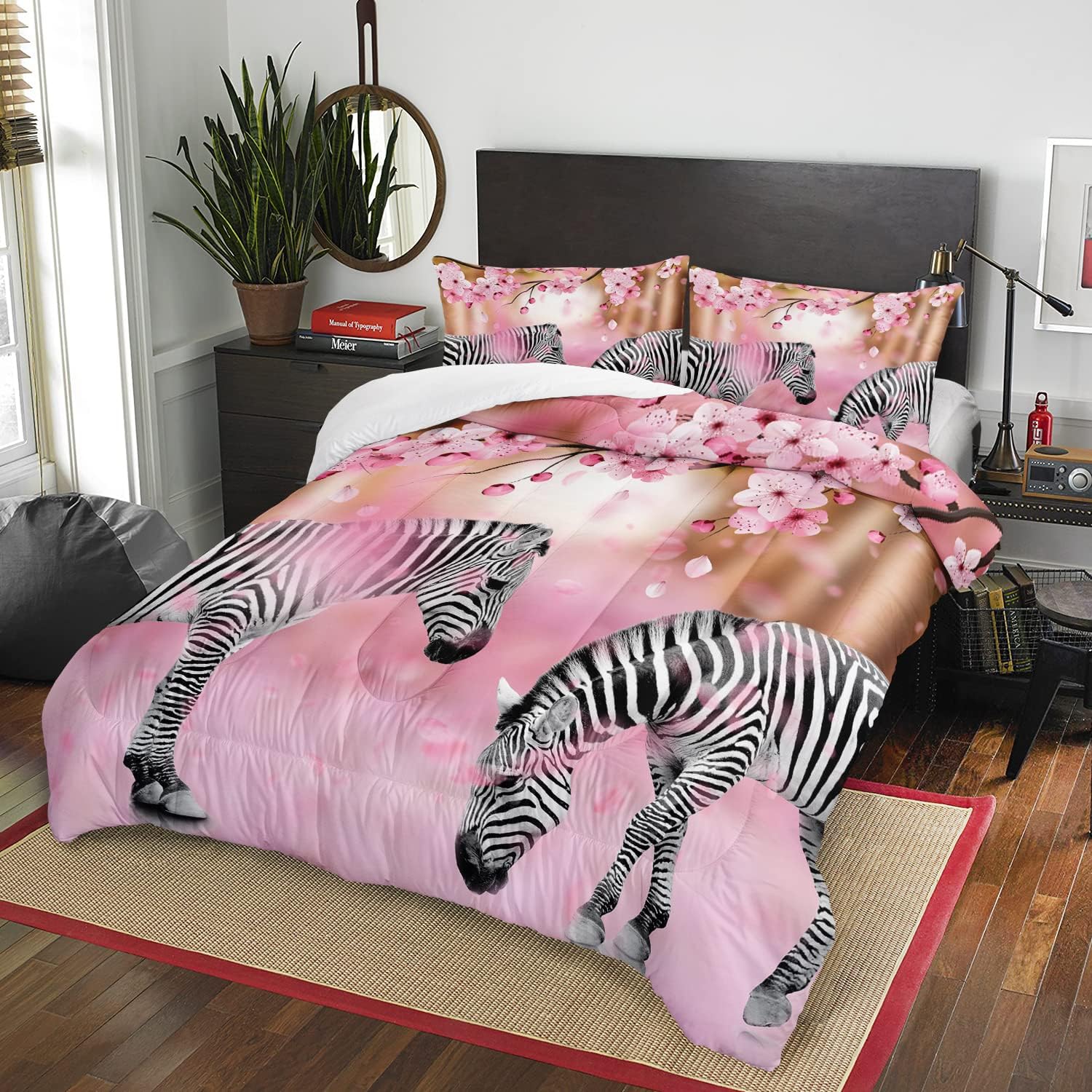 AILONEN Juego de edredón de animales de ensueño, tamaño matrimonial, juego de ropa de cama de cebra con flor de durazno primaveral, juego de edredón