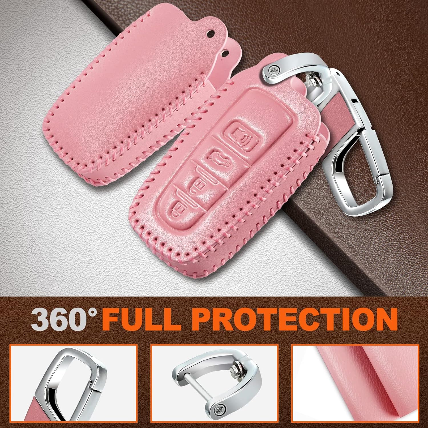 Slohif Funda de cuero para llavero de Toyota para Camry 4 botones, funda de cuero+anillo en D+gancho Futi, Rosado