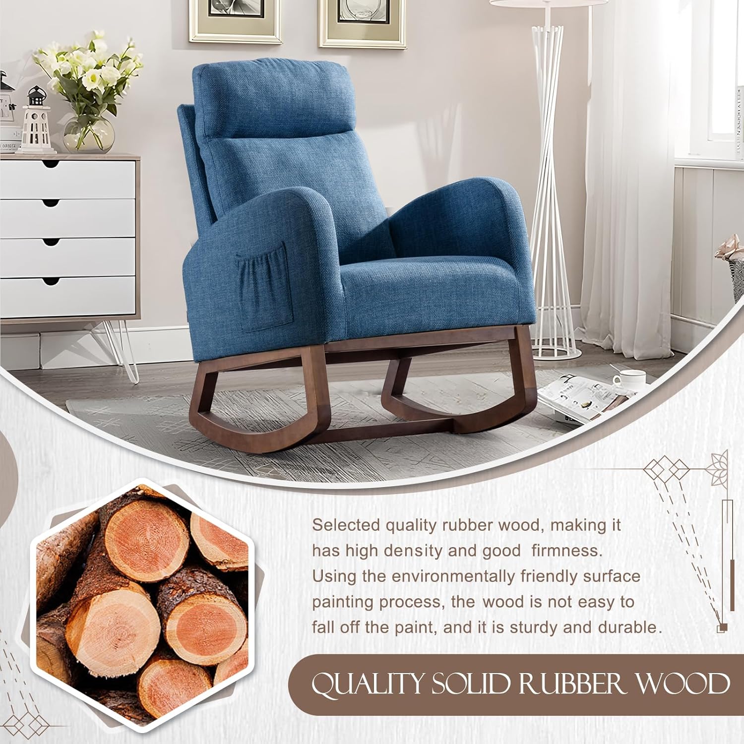 Obuvar Mecedora tapizada para guardería, mecedora Accent Glider con bolsillo lateral, cómoda silla con respaldo alto y reposacabezas, planeador de