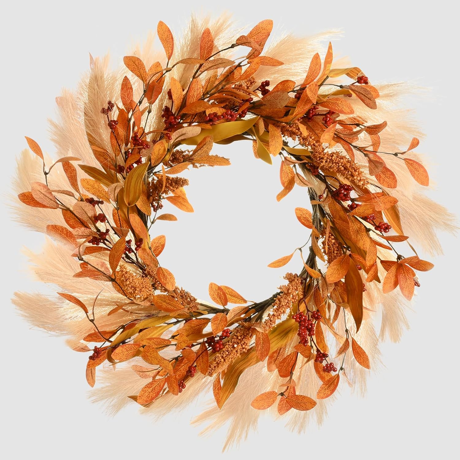 Corona de otoño para puerta delantera, corona de otoño de 20 pulgadas, corona de puerta delantera de otoño con ganchos para decoración de porche