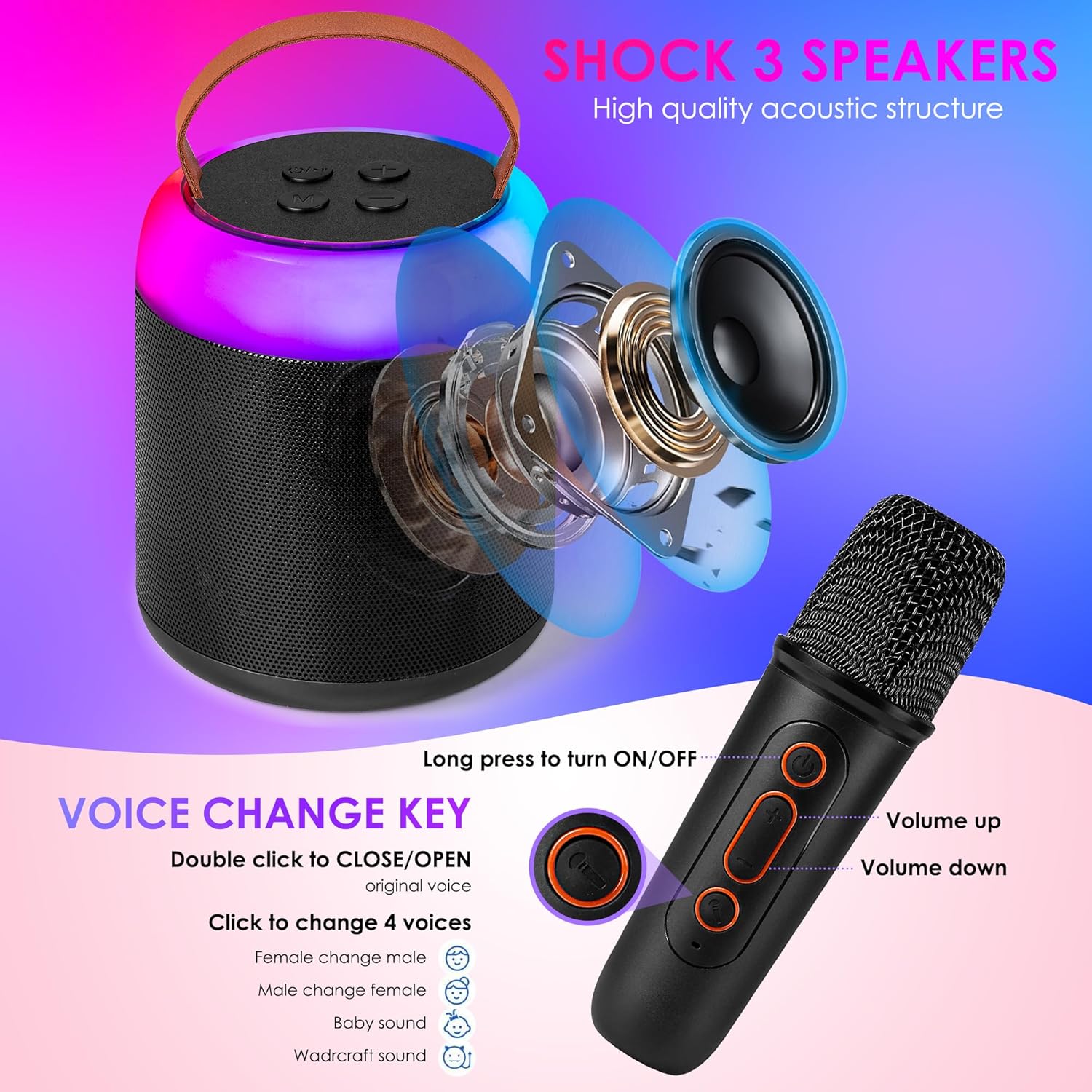 Mini máquina de karaoke con 2 micrófonos inalámbricos para niños y adultos, altavoz Bluetooth portátil de juguete para niñas y niños de 2, 4, 5, 6,