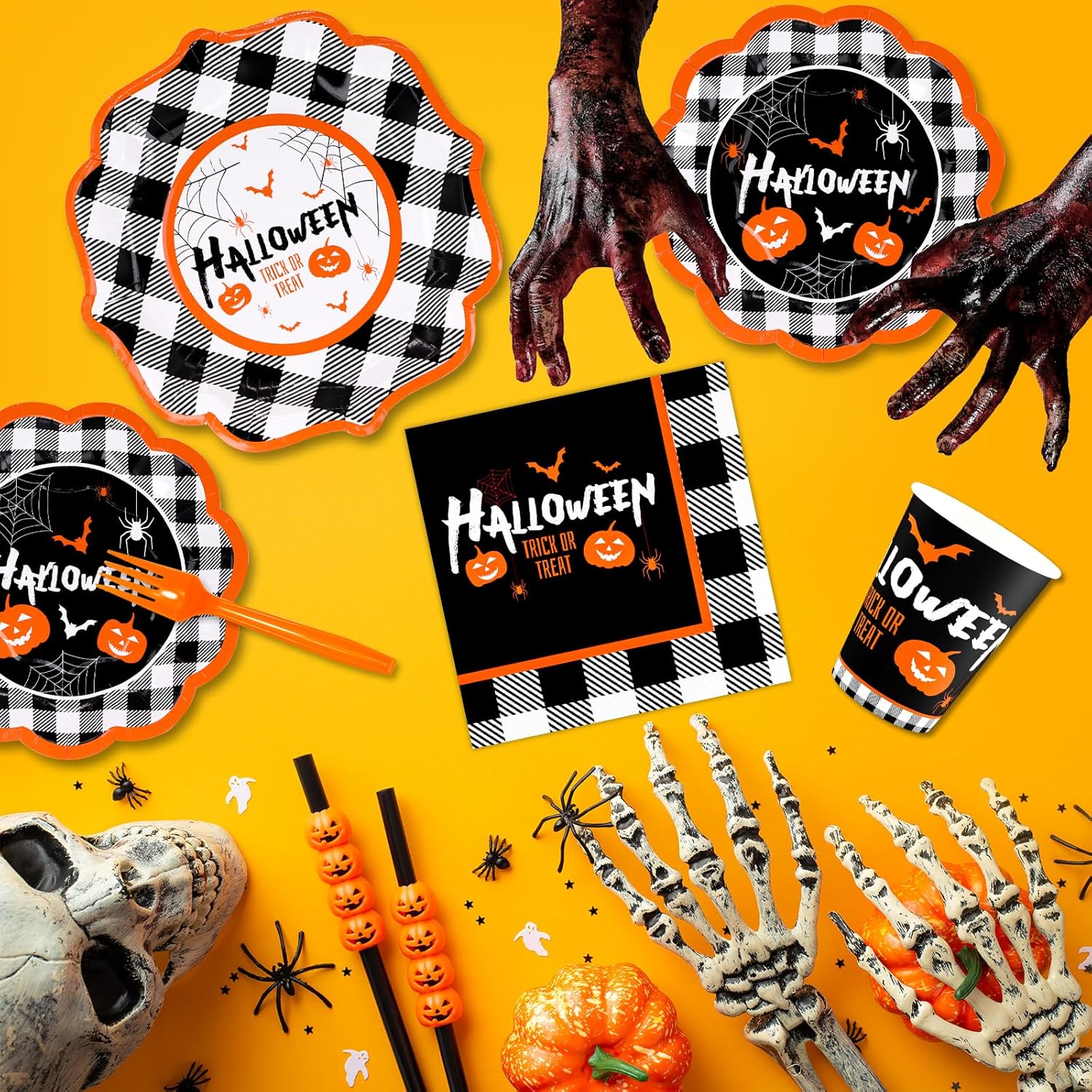 DYLIVeS Kit de suministros para fiesta de Halloween, vajilla desechable de calabaza y murciélagos a cuadros de Halloween, incluye platos de cena,