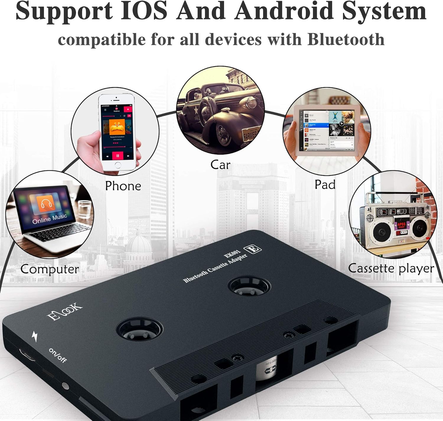 Elook Receptor de audio del coche, reproductor de adaptador auxiliar de la cinta del receptor del casete de Bluetooth con Bluetooth 5.0
