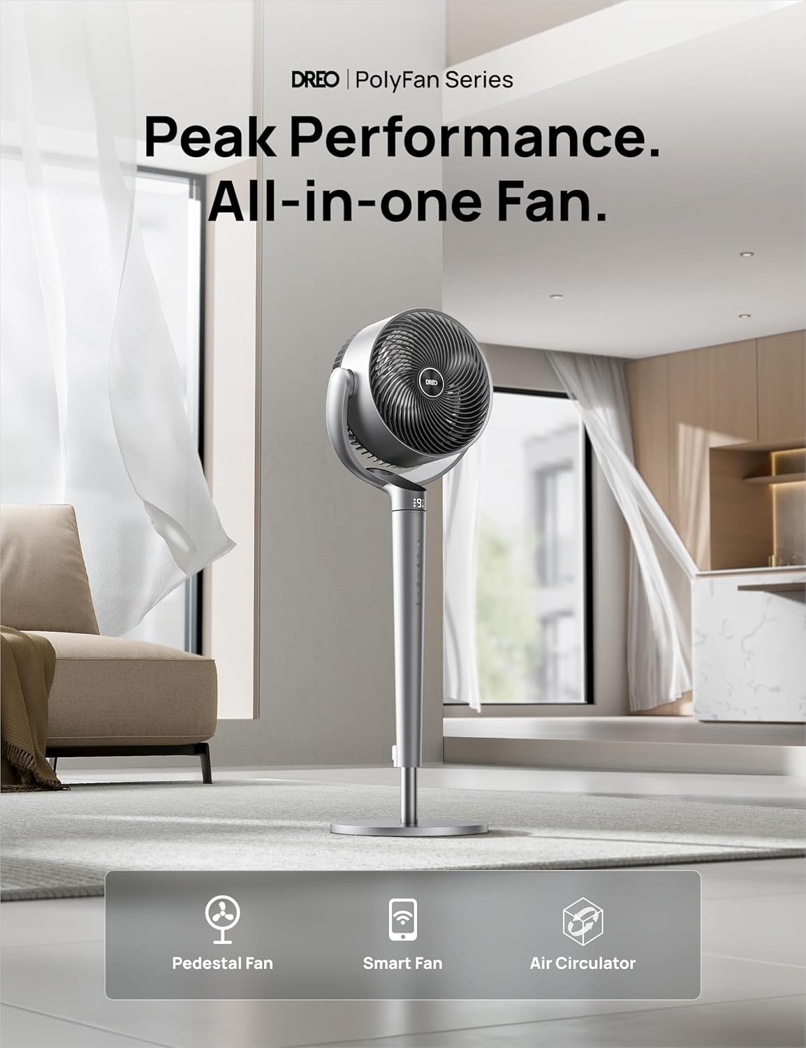 Dreo Ventilador de pedestal con control inteligente, 43 pulgadas, ventiladores silenciosos oscilantes omnidireccionales de 150 + 120 para
