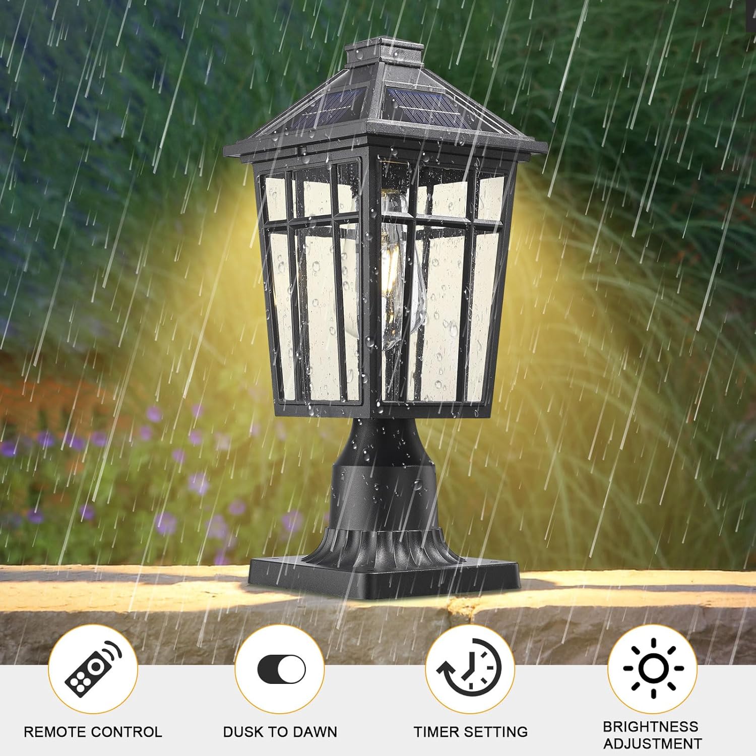 Darkaway Lámpara de poste solar para exteriores, poste de luz de aluminio del atardecer al amanecer, poste de lámpara con control remoto, lámpara de