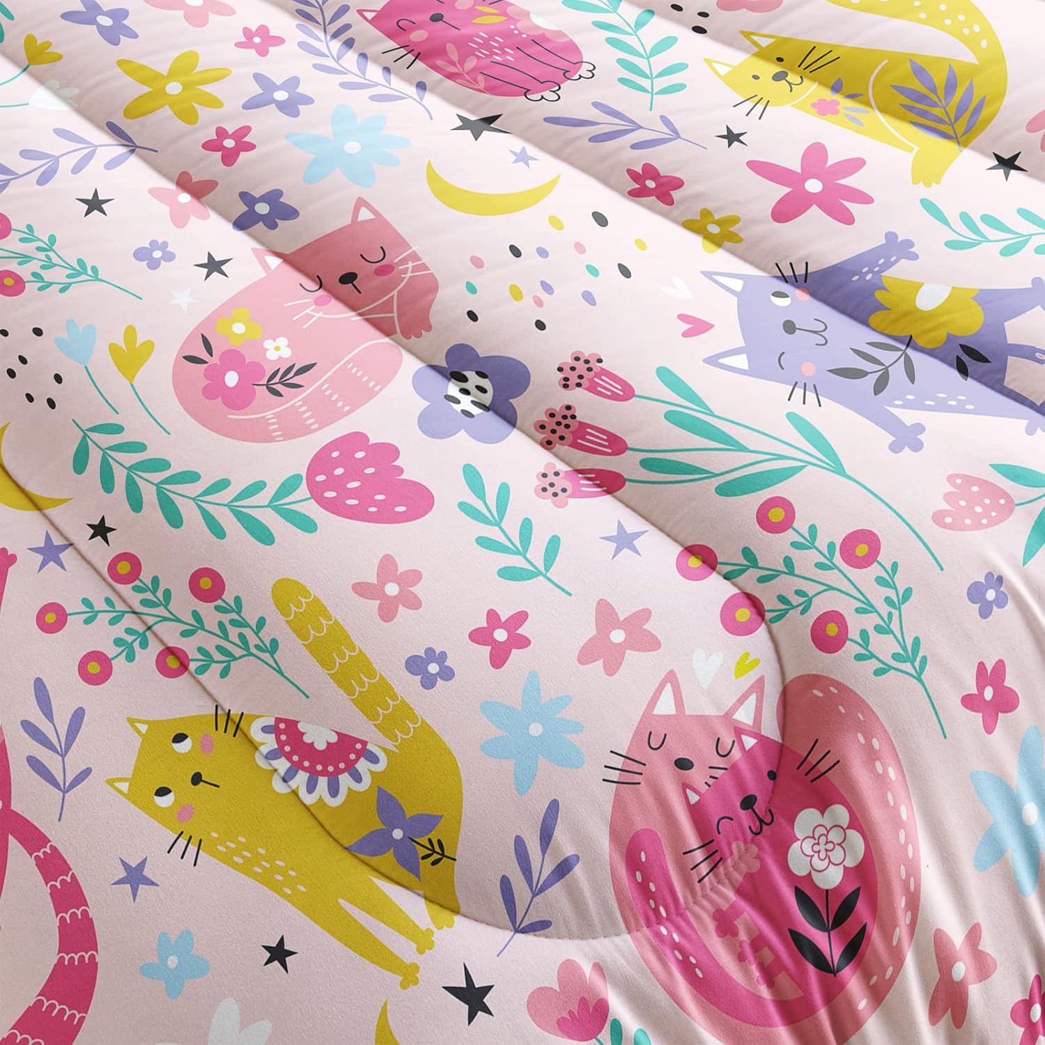 QOOMO Juego de edredón floral de gato tamaño Queen, juego de edredón de gato rosa para niños, adolescentes y niñas, juego de ropa de cama de 3