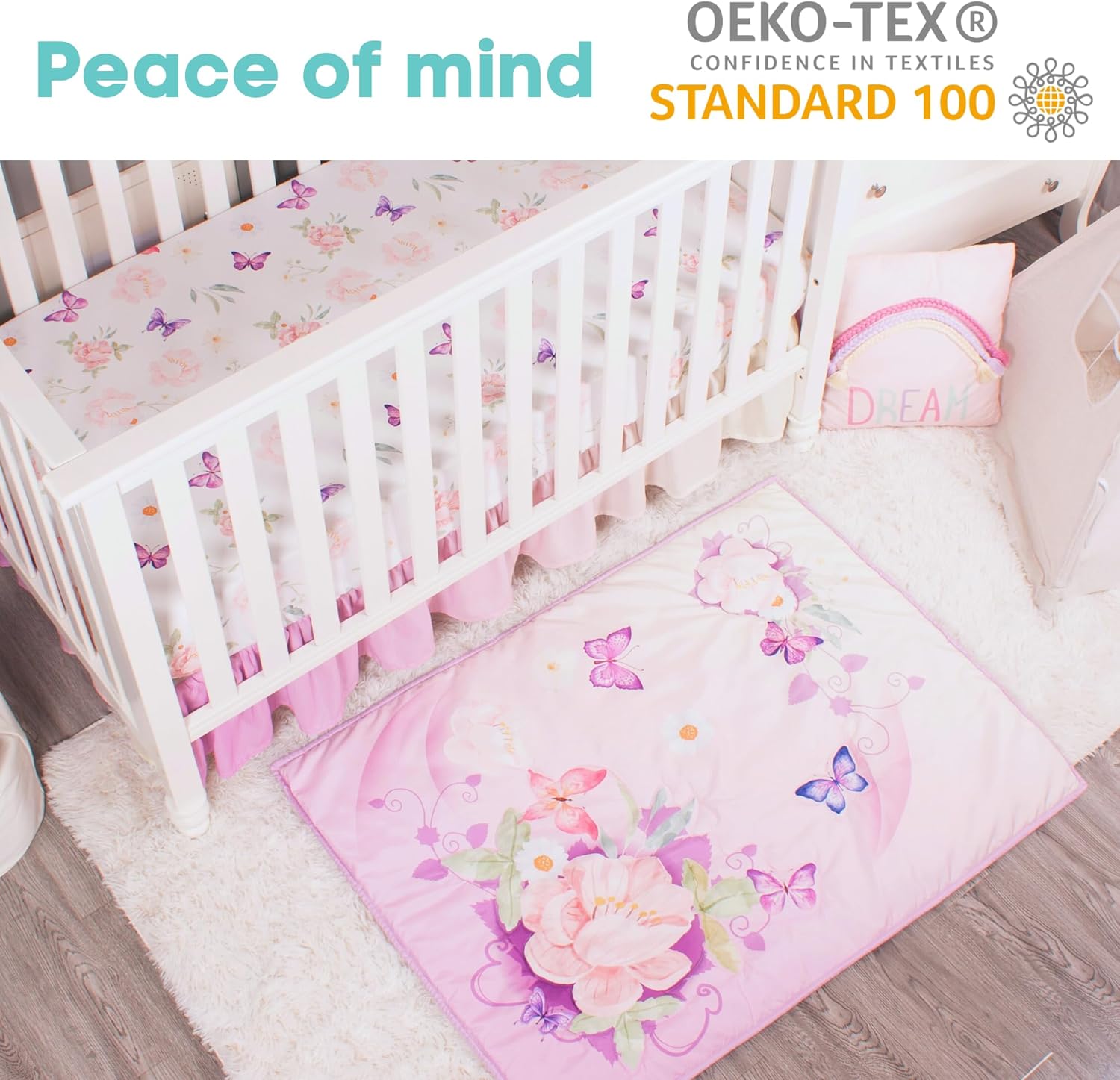 La Premura Juego de ropa de cama para cuna de bebé para niñas, juego de cuna de 3 piezas de tamaño estándar con mariposas moradas en acuarela para