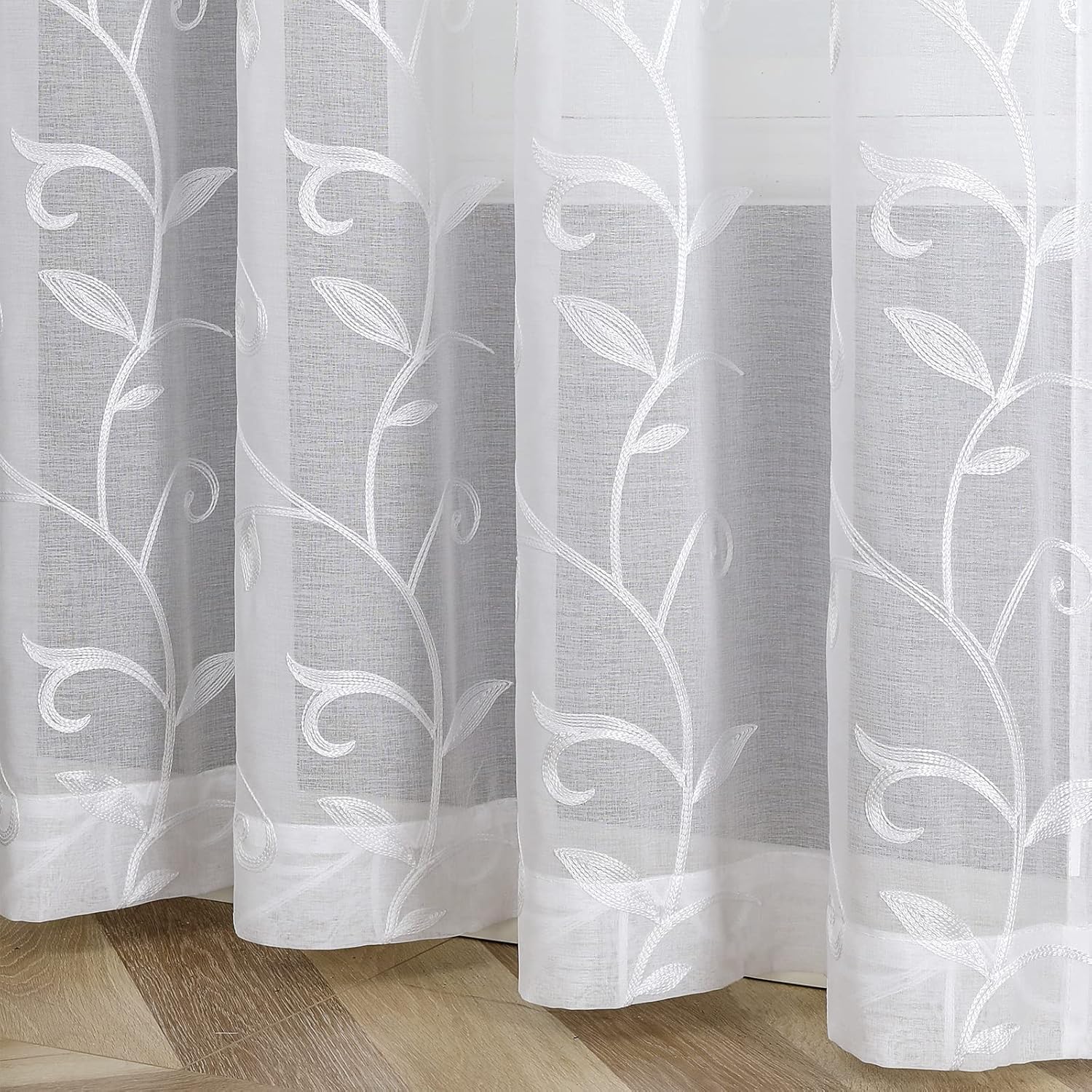 VISIONTEX – Cortinas de gasa transparente blanca, diseño blanco bordado de lino sintético, bolsillo para barra, para el hogar, cocina, sala de estar