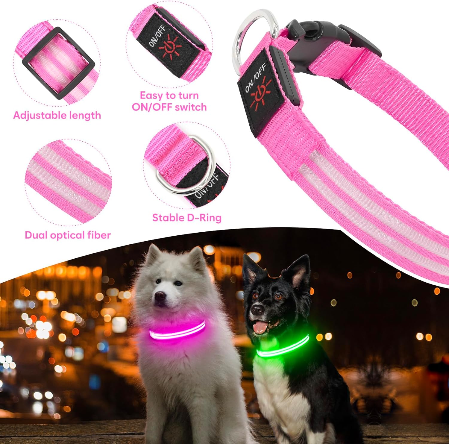 Collares de perro con luz  Collares de perro recargables que brillan en la oscuridad, collar LED ajustable para perro, collar de mascota con luces