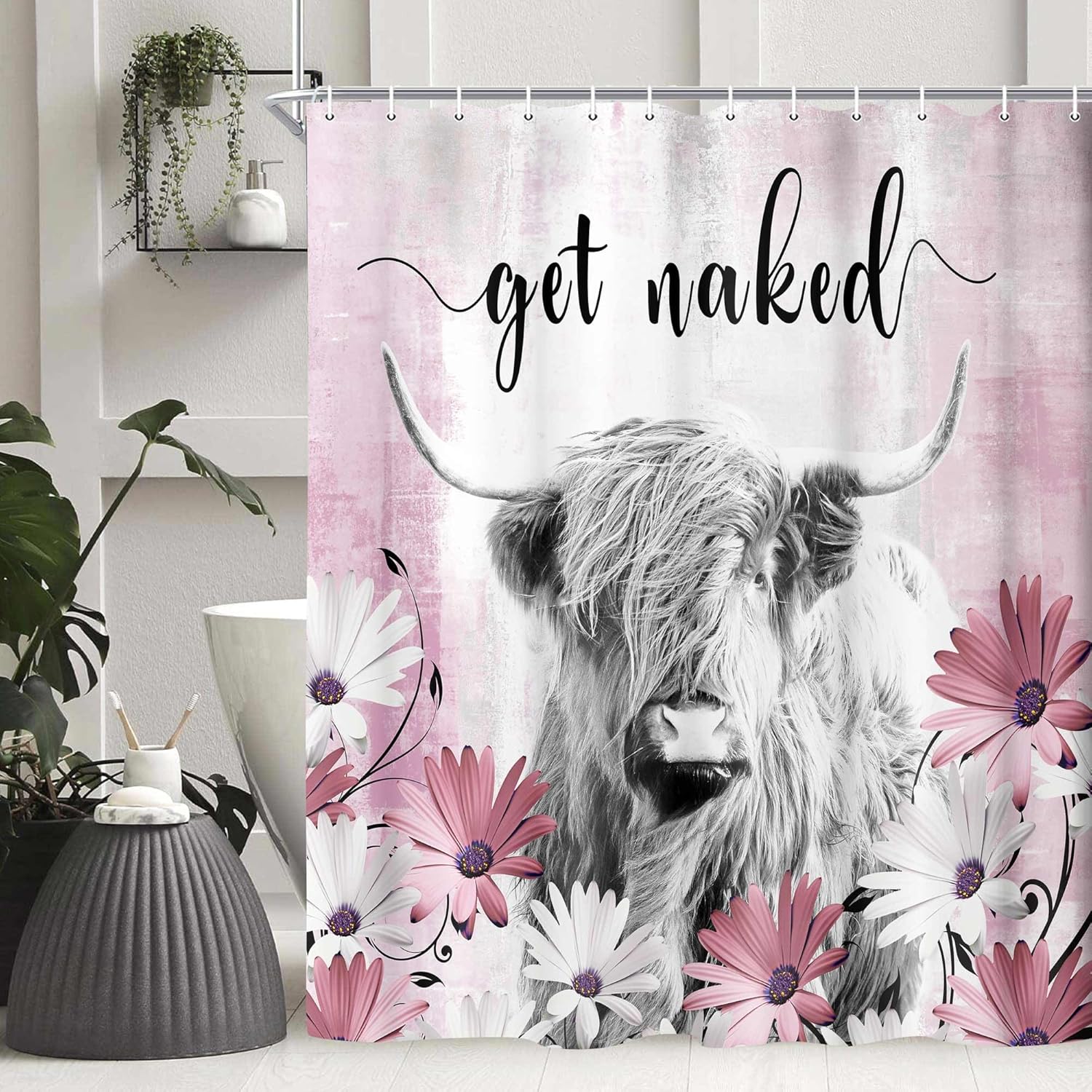 Juego de cortinas de ducha divertidas de vaca de las tierras altas, cortinas de ducha divertidas para baño con diseño de vaca rústica, tela de
