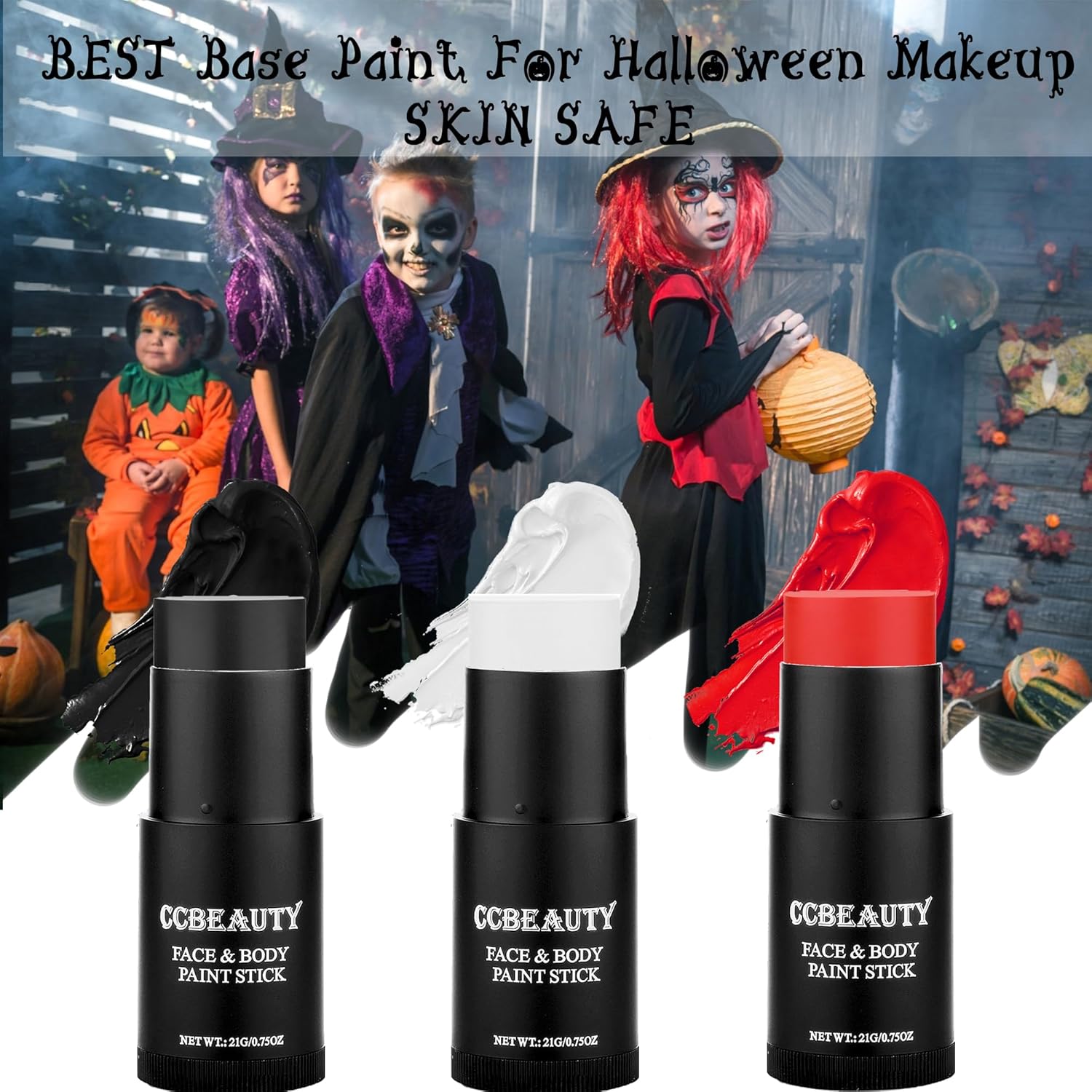 CCBeauty Kit de maquillaje de payaso de Halloween, barra de pintura corporal blanca negra y roja, maquillaje de base de esqueleto bromista, base de