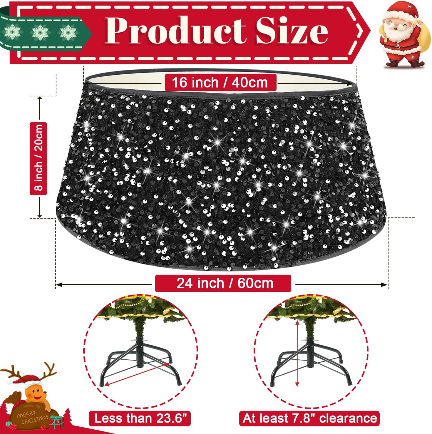 Collar de árbol de Navidad, falda de árbol de lentejuelas negras de 24 pulgadas, faldas de árbol de Halloween para árboles artificiales, anillo de