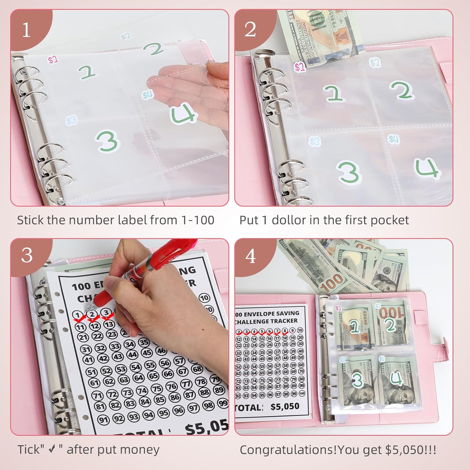 Carpeta de desafío de 100 sobres, 100 desafíos de ahorro, carpeta de presupuesto, libro de desafíos de ahorro, cartera de sobres de efectivo para