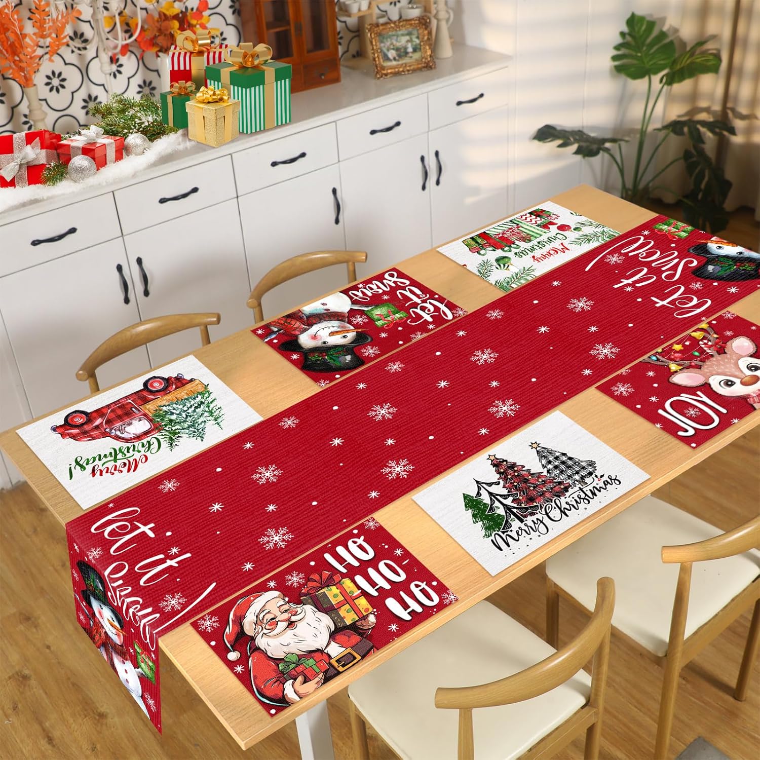 7 manteles individuales de Navidad de 12 x 18 pulgadas, juego de 6 manteles individuales de Navidad con camino de mesa, Papá Noel, ciervo, muñeco de
