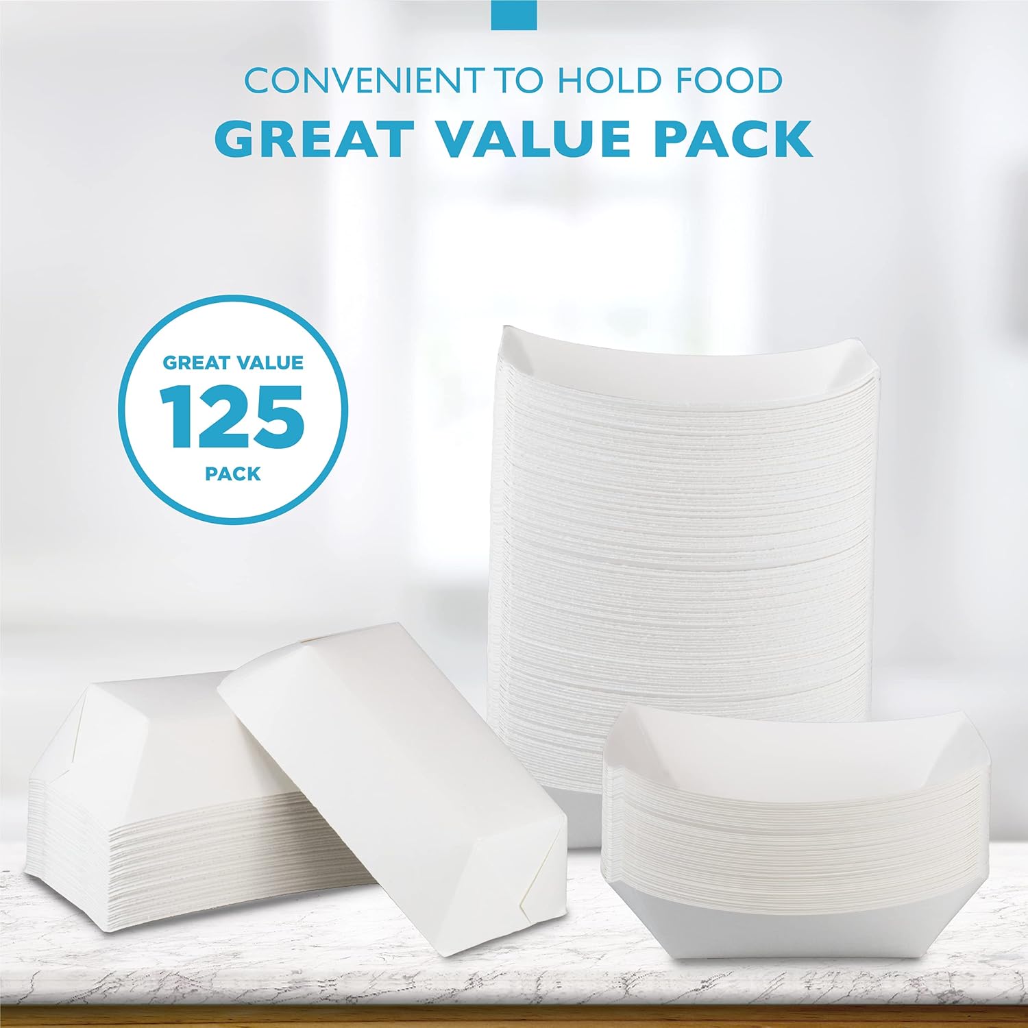 Fit Meal Prep Paquete de 125 Bandejas de papel de 5 libras para alimentos desechables de alta resistencia, bandeja de nachos blancos para fiestas,