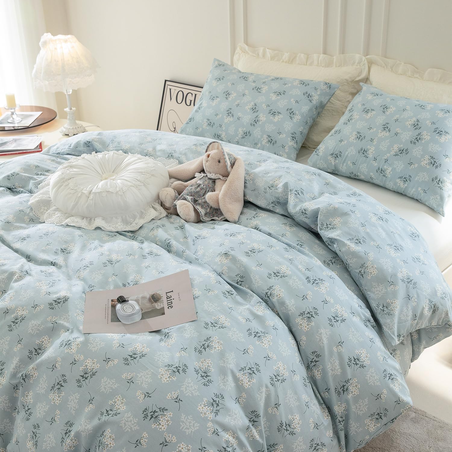 Juego de fundas de edredón tamaño Queen floral, 100% algodón, elegante juego de ropa de cama de flores tamaño Queen, 3 piezas, estilo jardín, azul y