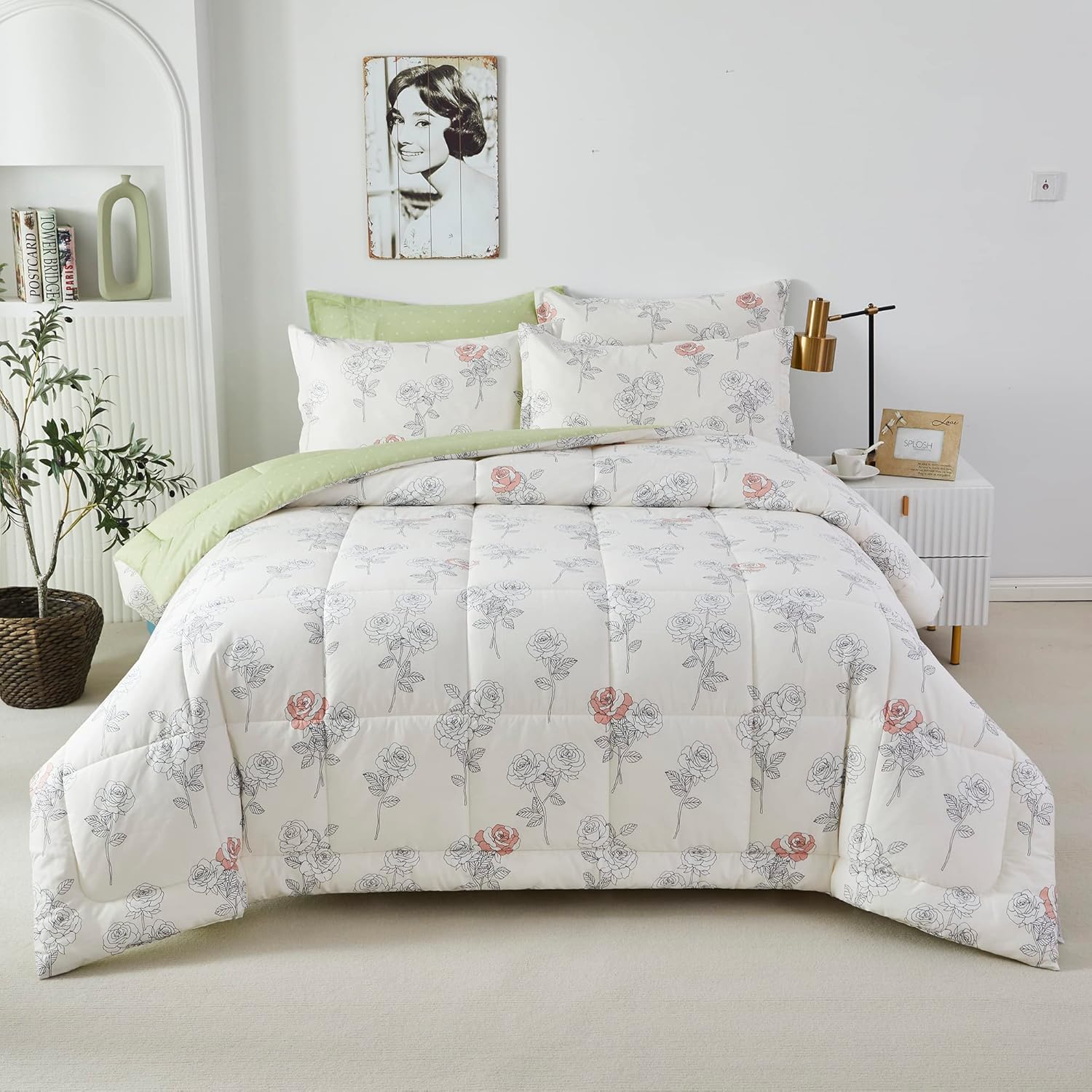 Lemfux Juego de edredón de 3 piezas, 100 % algodón, estampado floral, elegante, blanco, verde, reversible, con plumón alternativo, edredón ligero