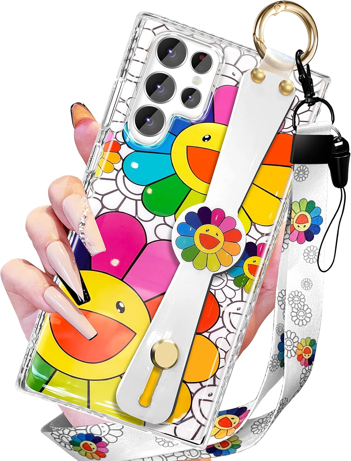 Funda de moda con diseño de flores divertidas para Samsung Galaxy S22 Ultra con correa para la muñeca para niñas y mujeres, con bonito personaje de
