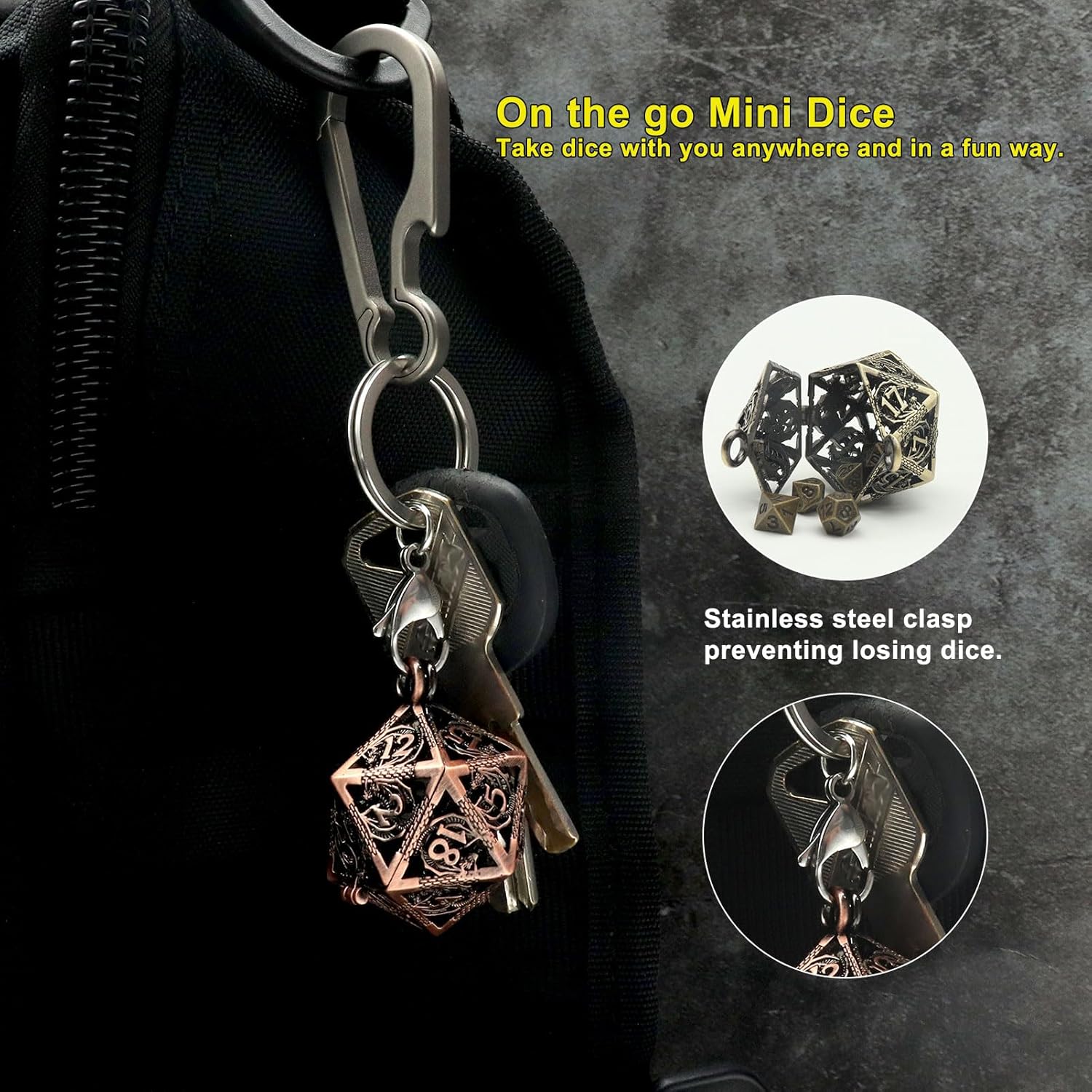 Haxtec Juego de dados pequeños de metal DND con cobre hueco D20, collar D20, juego de dados pequeños antiguos, llavero D&D, portátil, 7 piezas