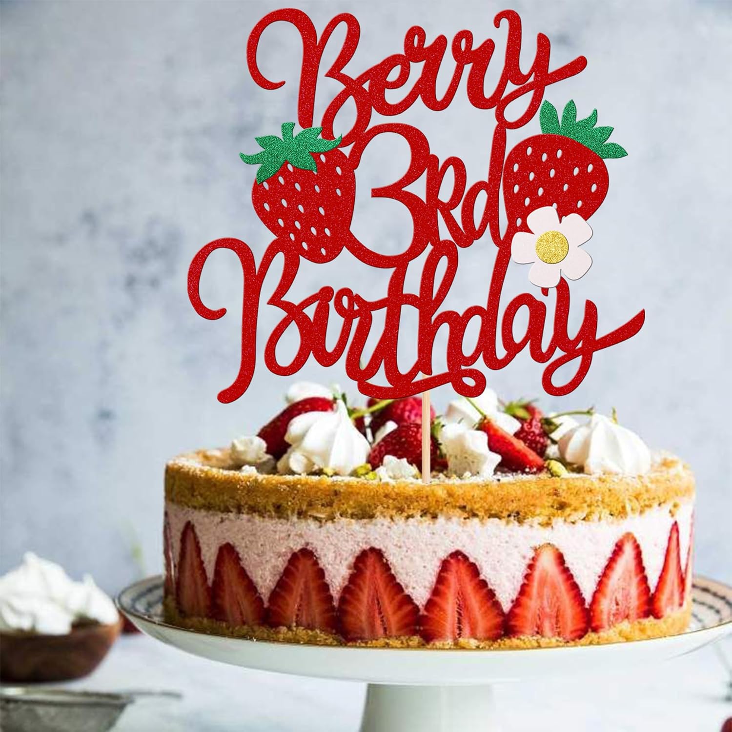 1 pieza de fresa y bayas para pastel de tercer cumpleaños con purpurina y tema de fruta dulce, selección de pastel de fresa para temática de fresa,
