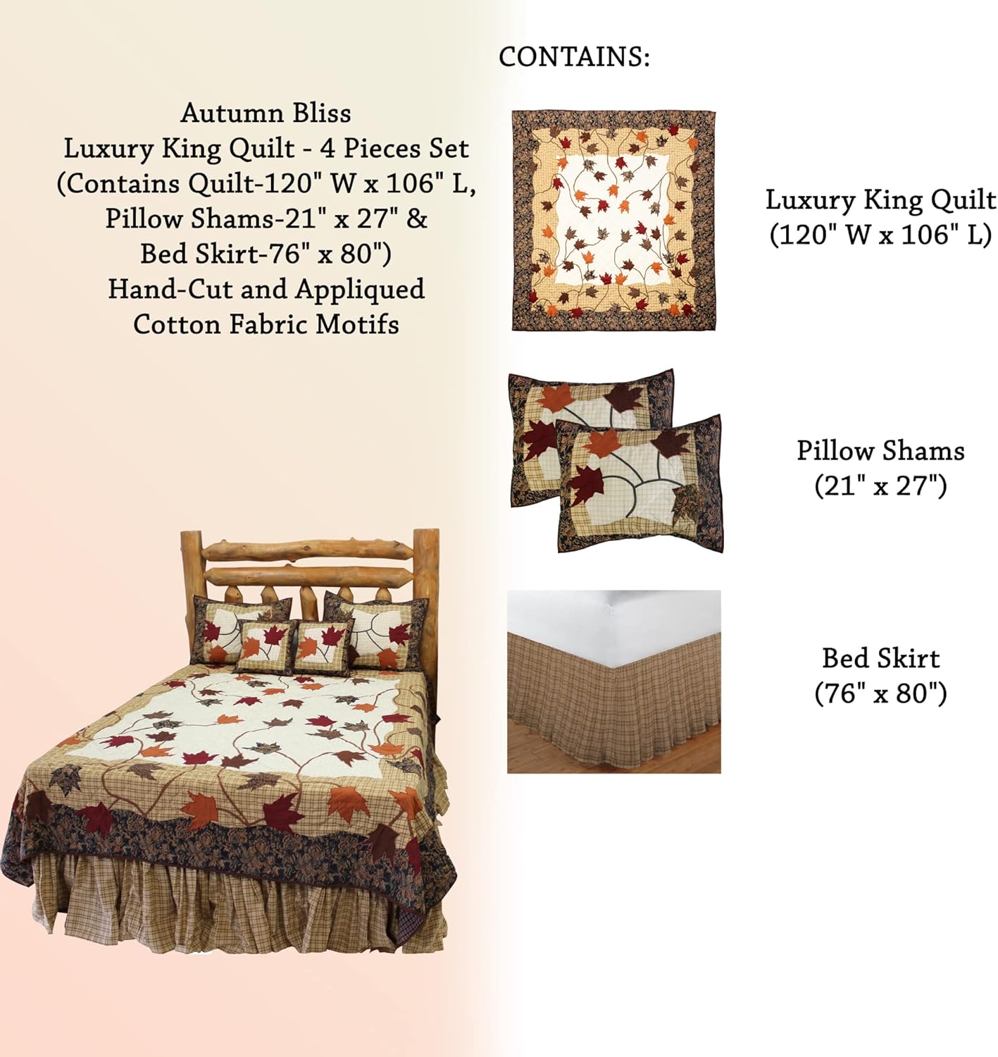 Autumn Bliss Luxury King – Juego de 4 piezas (contiene colcha de 120 pulgadas de ancho x 106 pulgadas de largo, fundas de almohada de 21 x 27