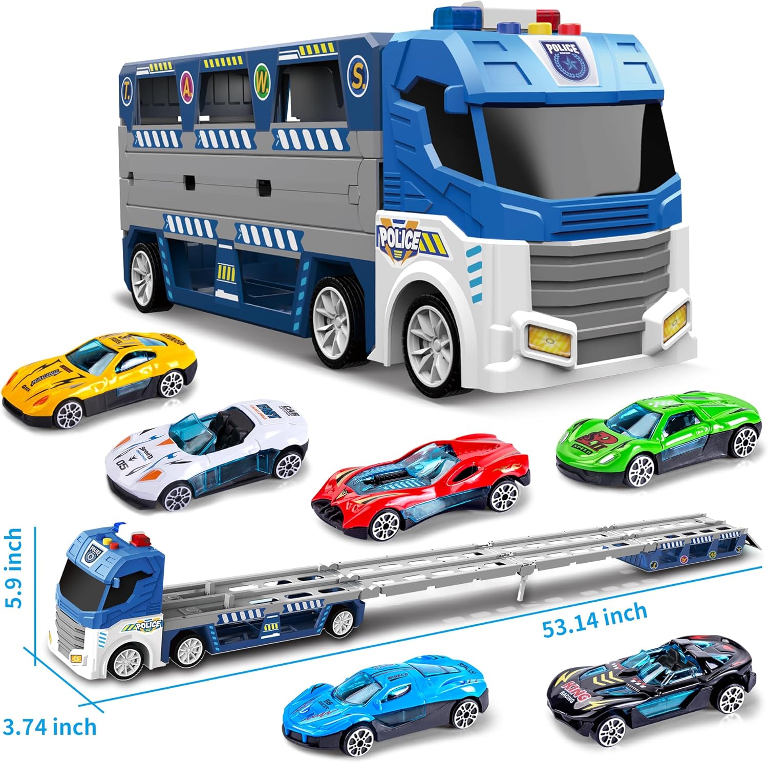 DWI Dowellin – Camión transportador de coche, incluye 6 autos de carreras de metal, 53.1 in, plegable y deformable, catapulta con iluminación LED y