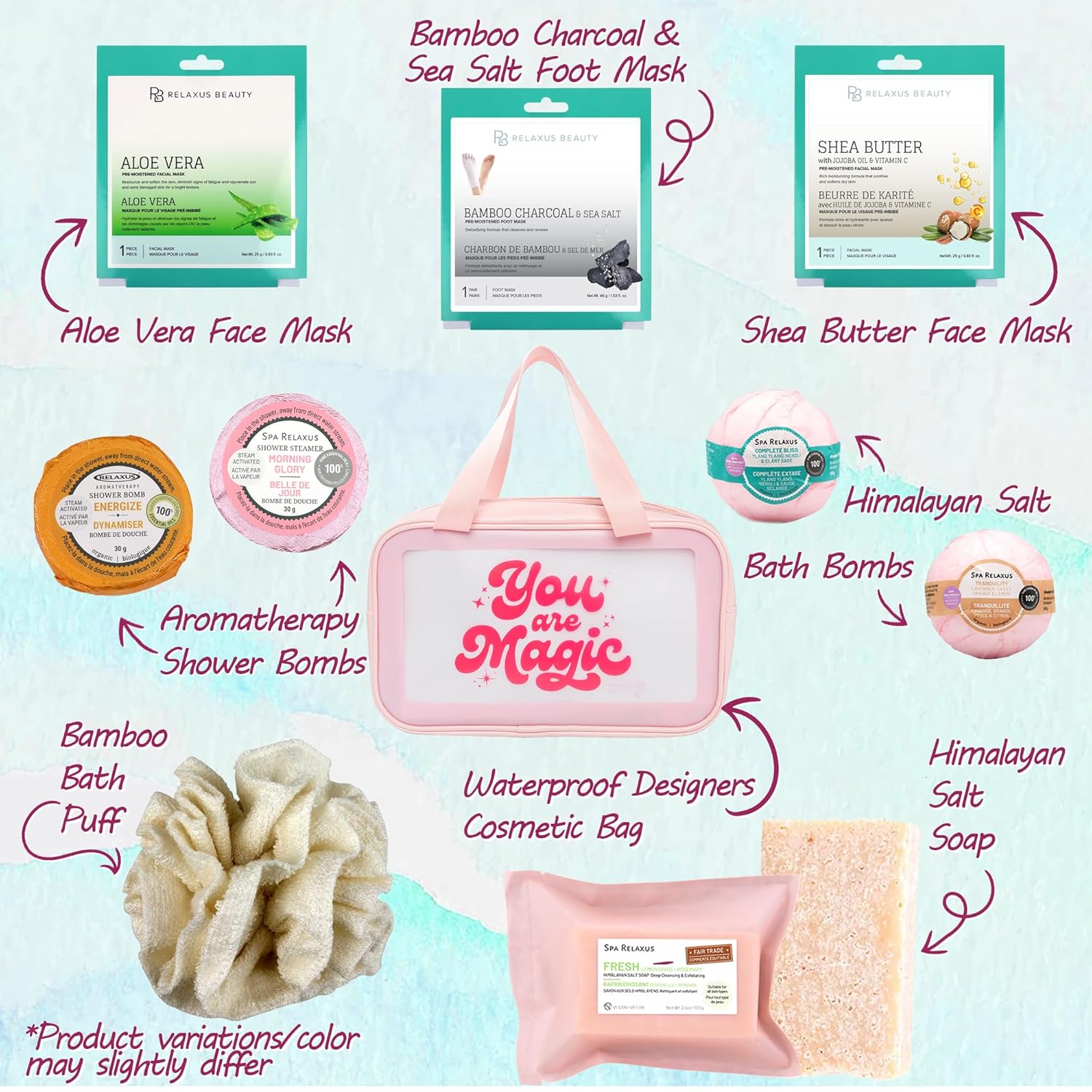 Cestas de regalo de spa para mujer, regalos de spa premium para mujeres con bolsa de cosméticos, bombas de baño, juego de regalo de spa hecho a mano