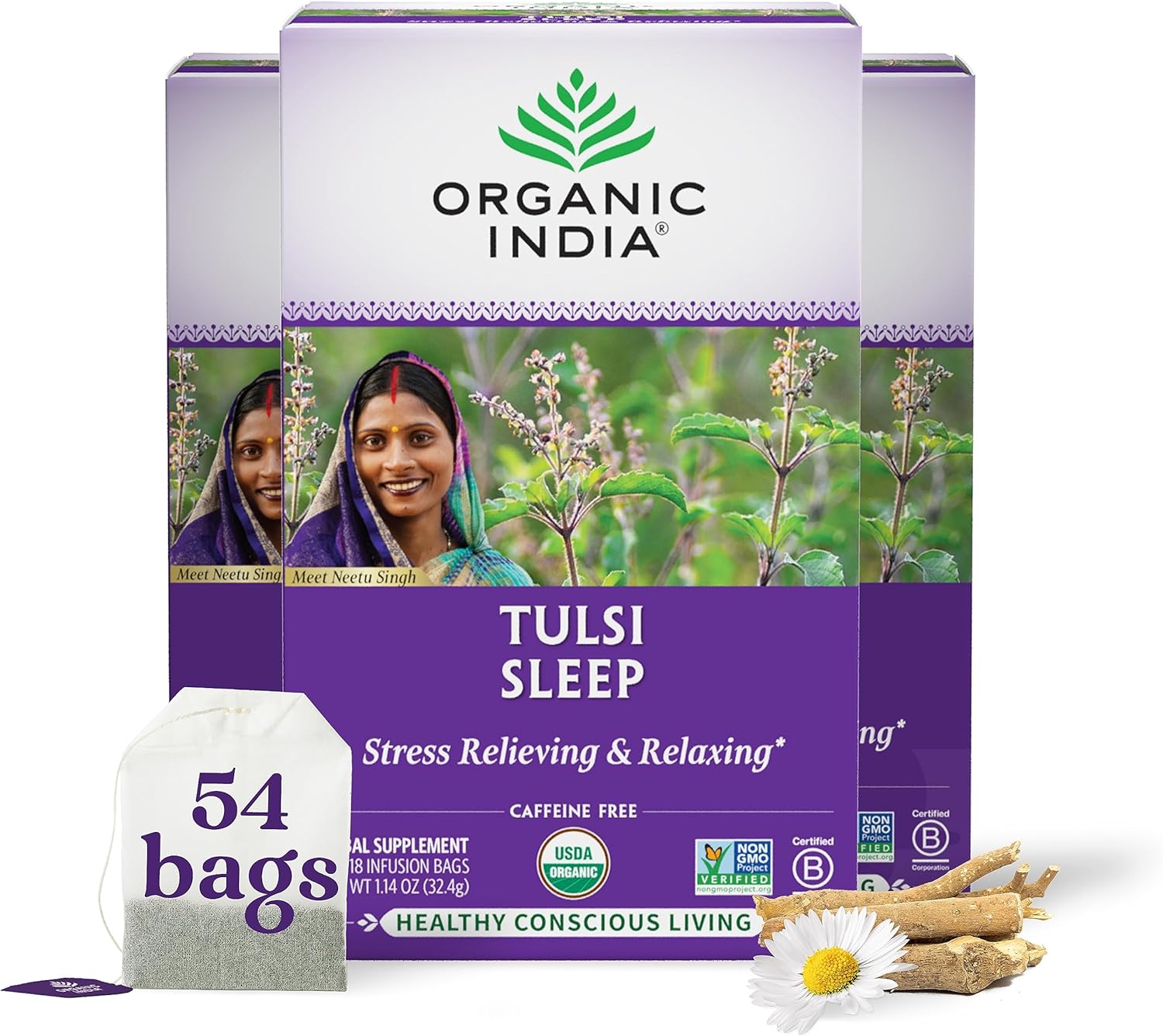 Té indio orgánico Tulsi, té de hierbas – 18 bolsas de infusión – Paquete de 3