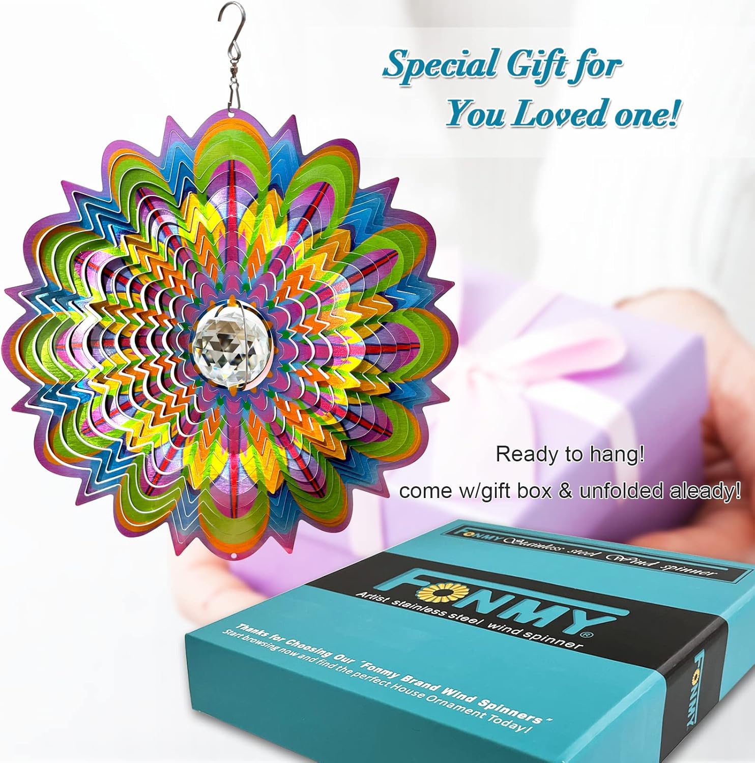 FONMY Molinillo de viento de mandala con bola de cristal, de acero inoxidable 3D, para colgar el sol, para decoración de Navidad, decoración de