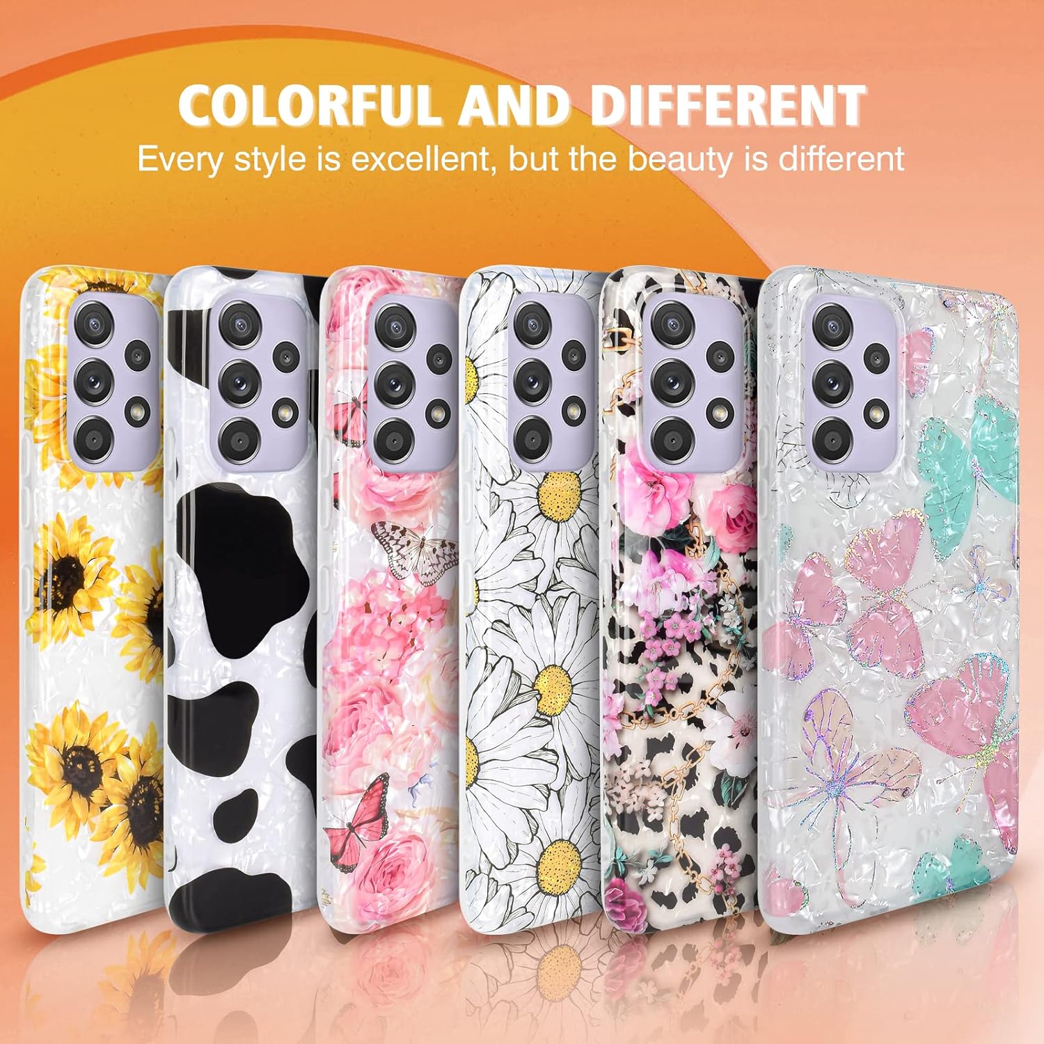 Funda cuadrada de flores para Samsung Galaxy A53 5G con patrón de concha de leopardo, bonito diseño de purpurina para mujeres y niñas, a prueba de