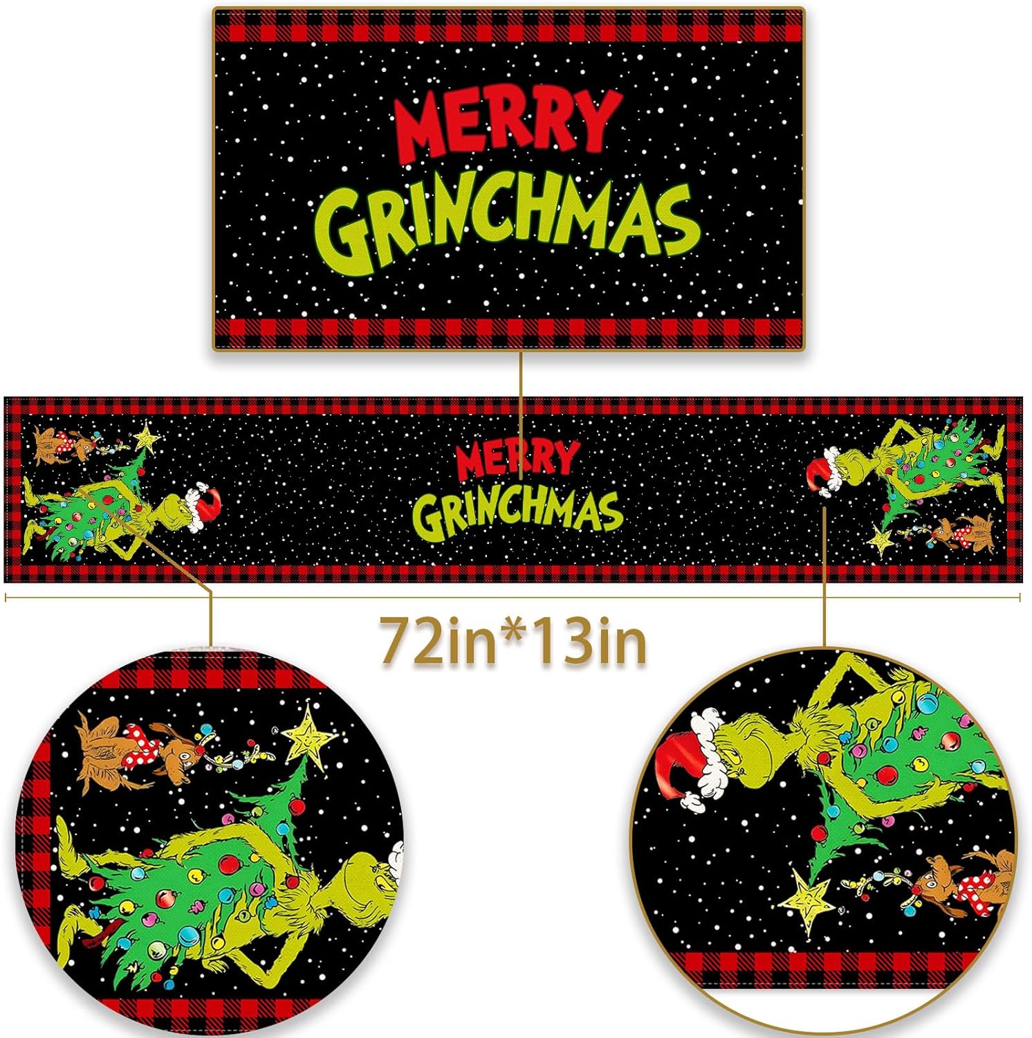 Camino de mesa Grinchmas Merry Christmas Whoville para fiestas de invierno, cocina, chimenea, comedor, decoración del hogar (negro y rojo, 13 x 72