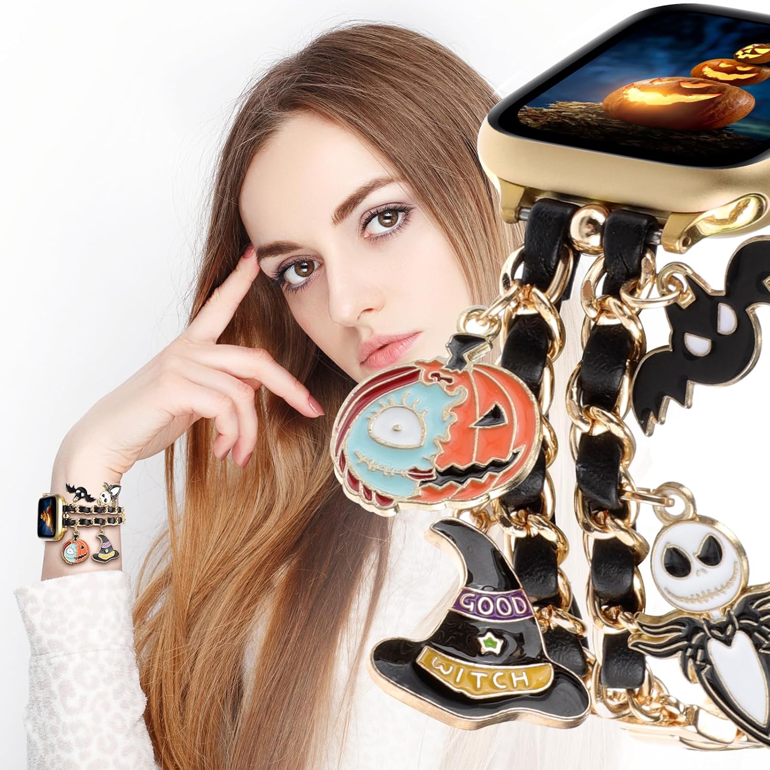WONMILLE Correa compatible con Apple Watch de 1.732 in 1.772 in 1.929 in 1.654 in 1.496 in 1.575 in 1.614 in mujer elegante diseño de cadena con